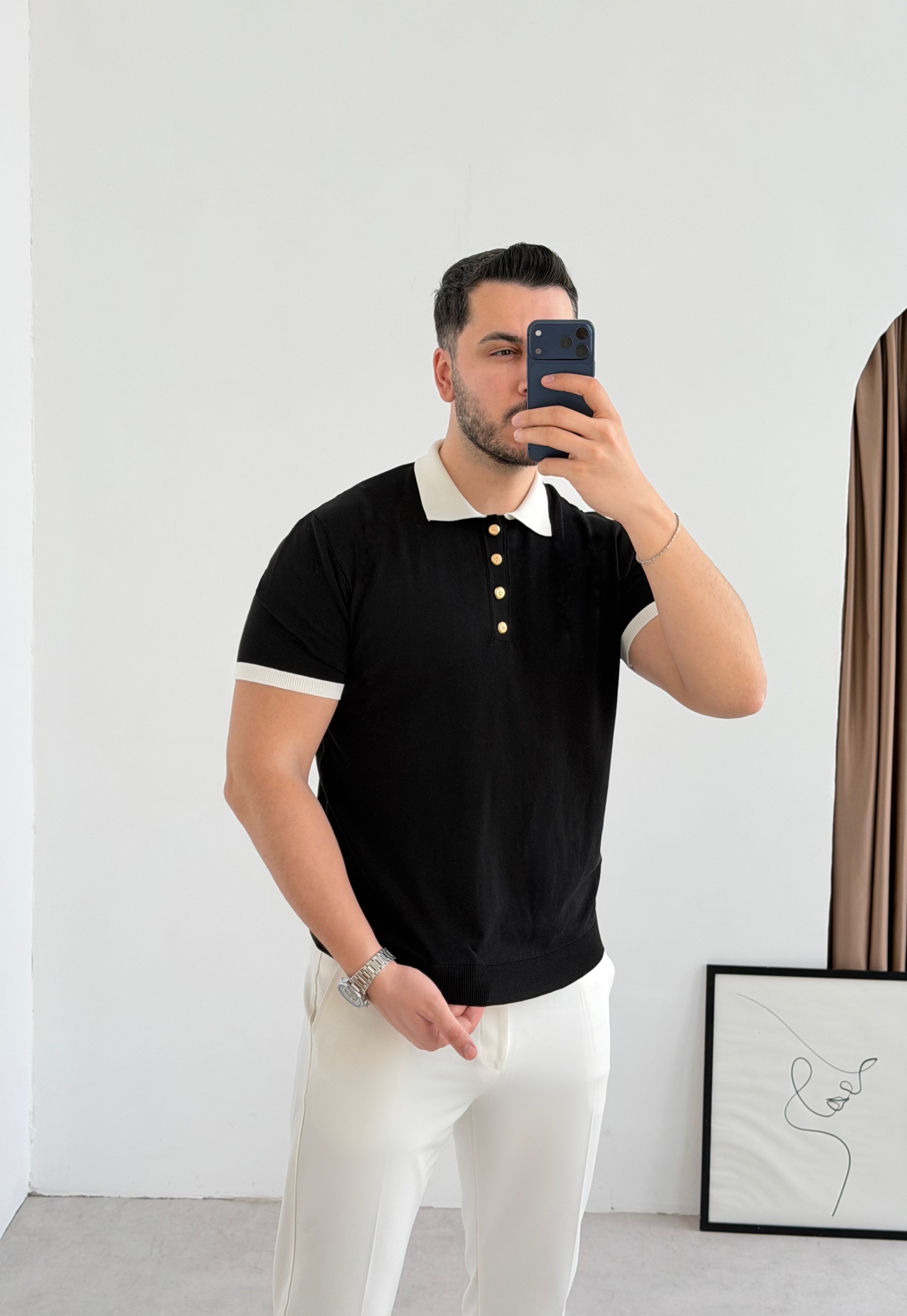 Gold Düğme Siyah Örme Tişört