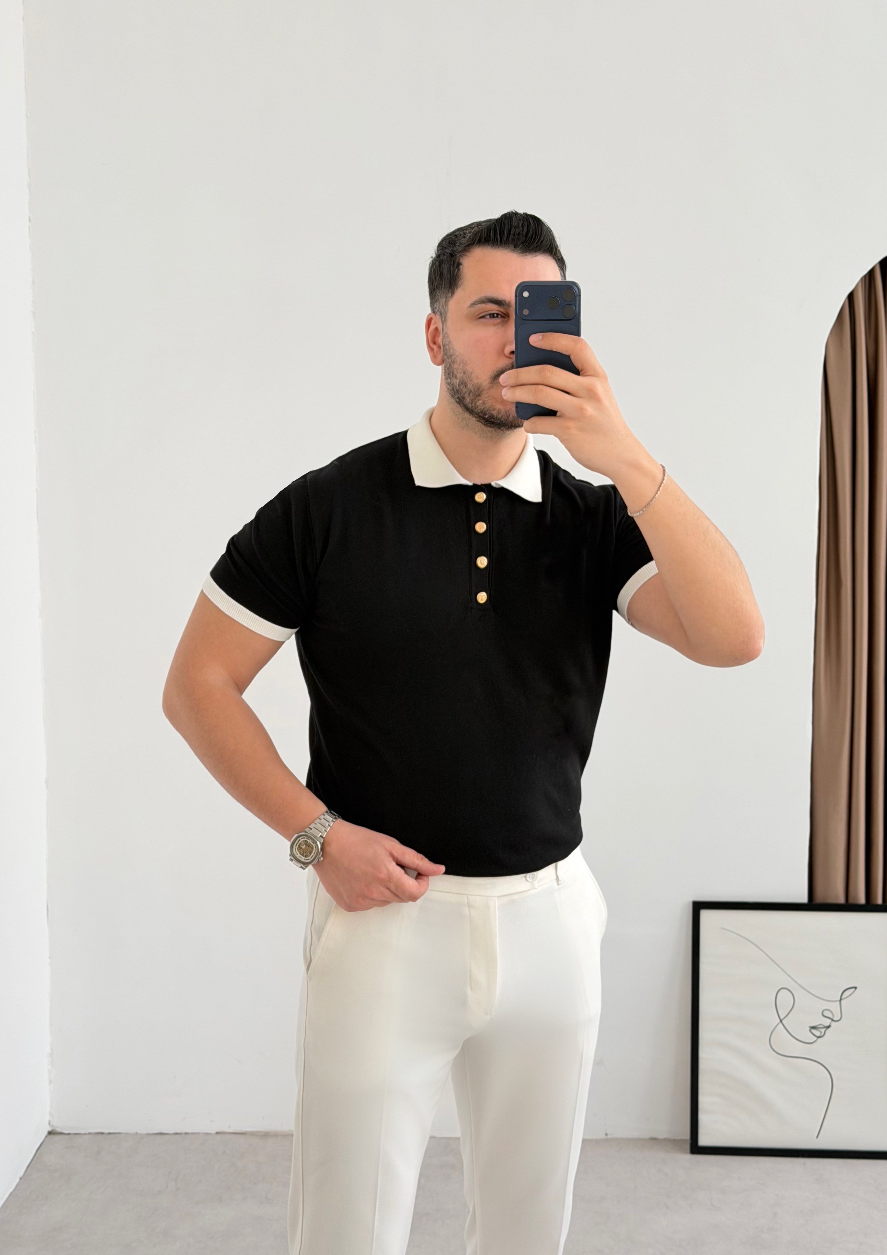 Gold Düğme Siyah Örme Tişört