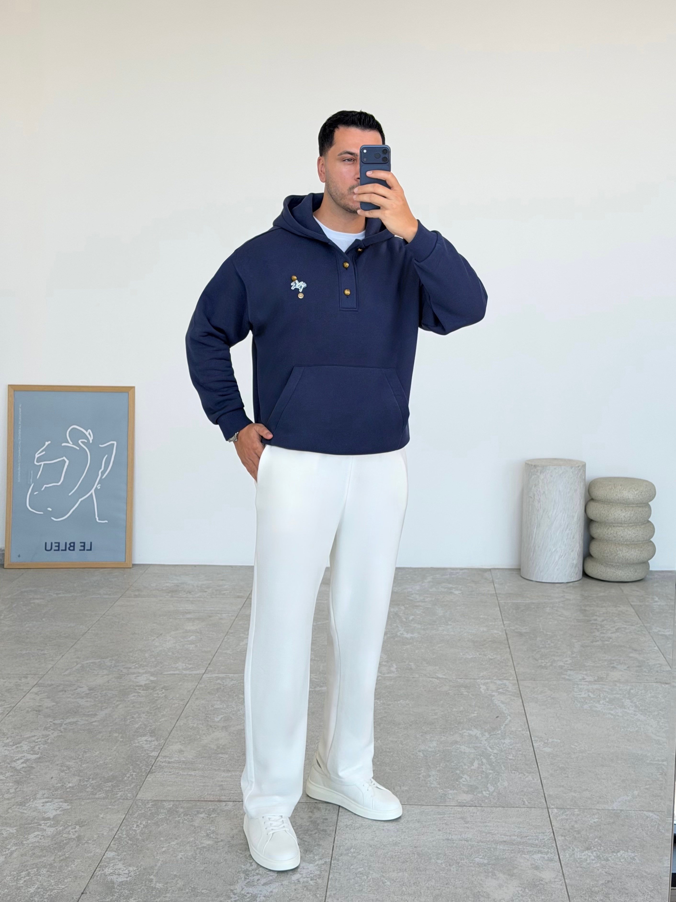 Gold Lacivert Kapüşonlu Şardonlu Sweatshirt