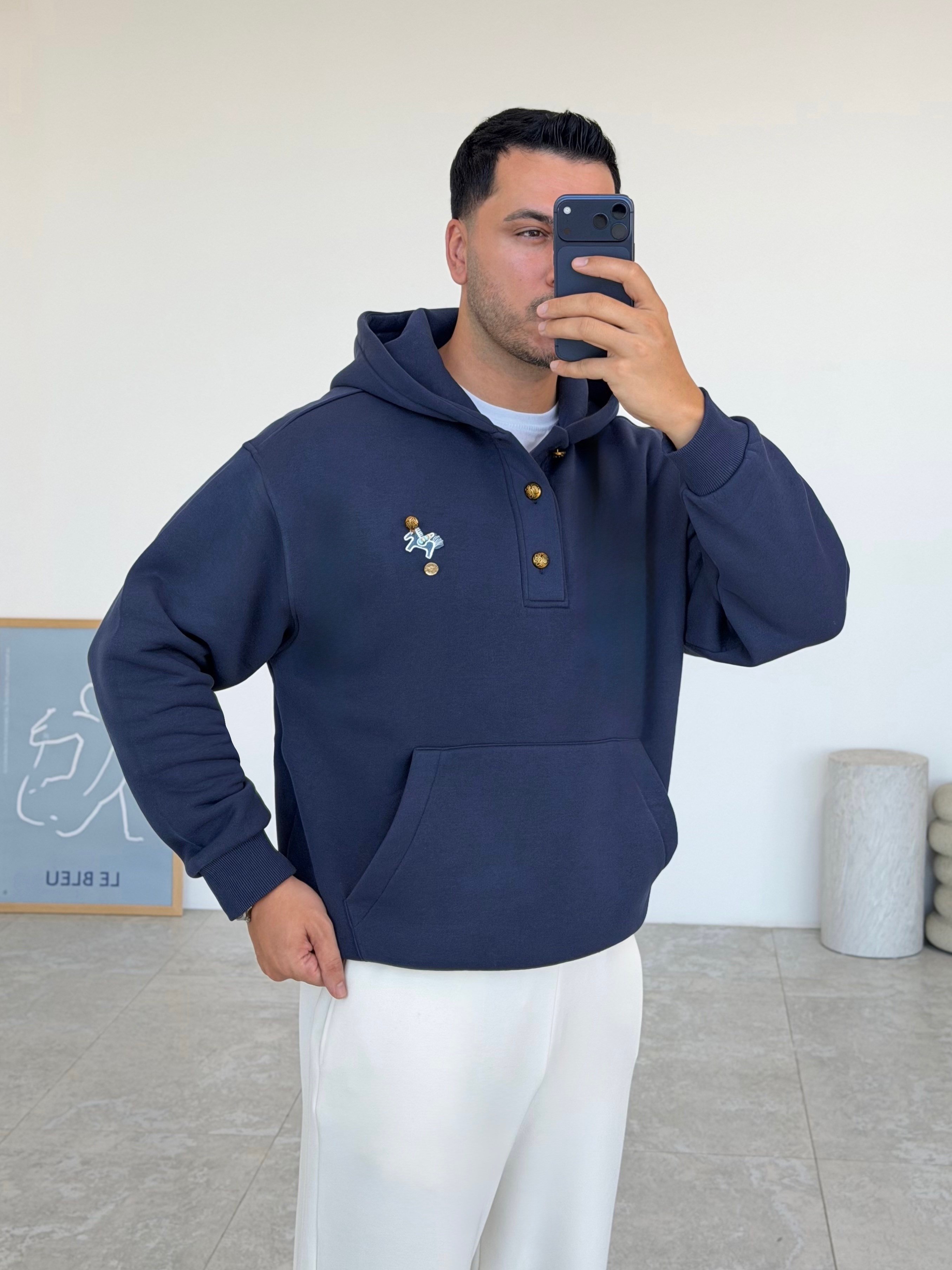 Gold Lacivert Kapüşonlu Şardonlu Sweatshirt
