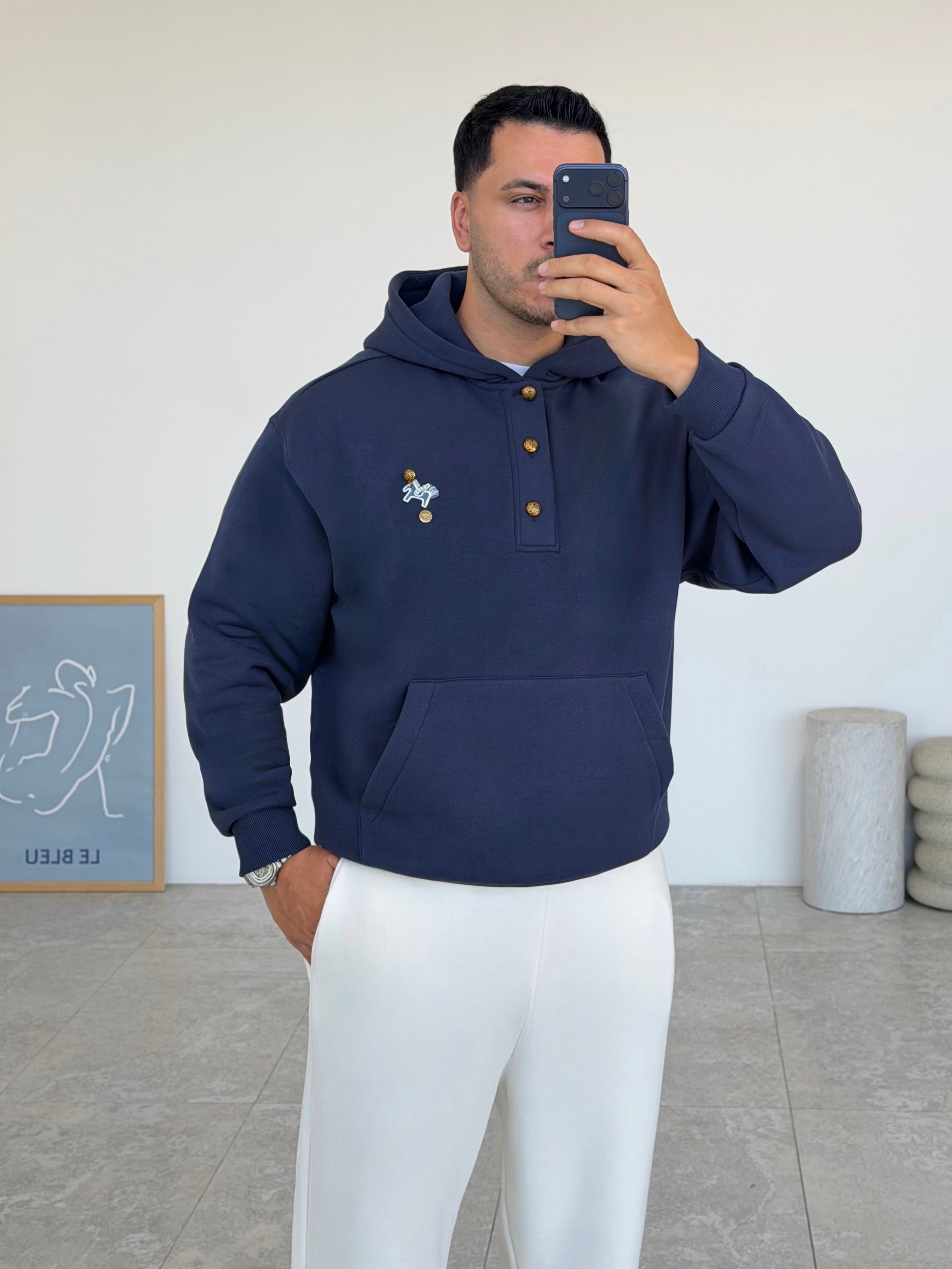 Gold Lacivert Kapüşonlu Şardonlu Sweatshirt