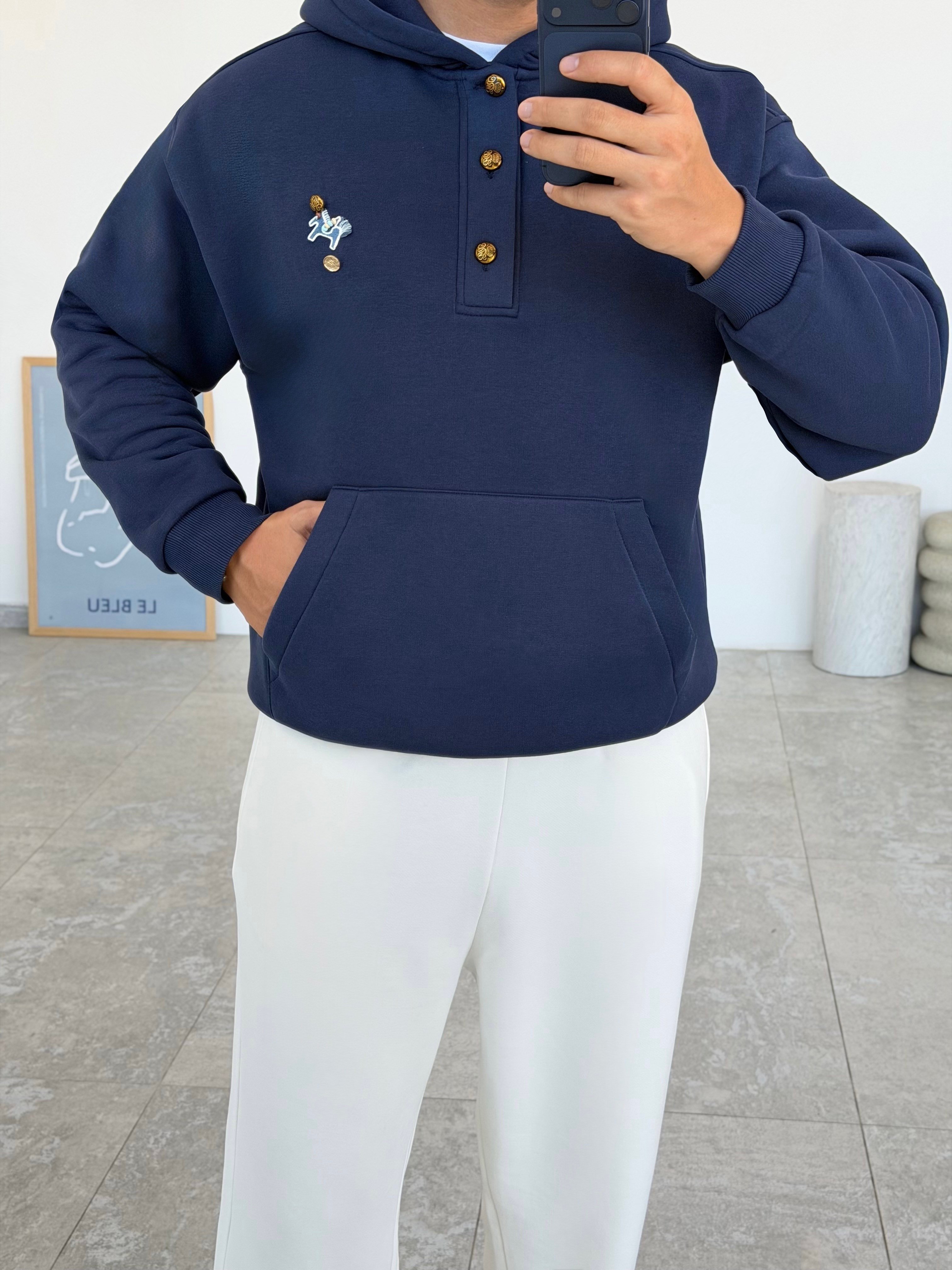 Gold Lacivert Kapüşonlu Şardonlu Sweatshirt