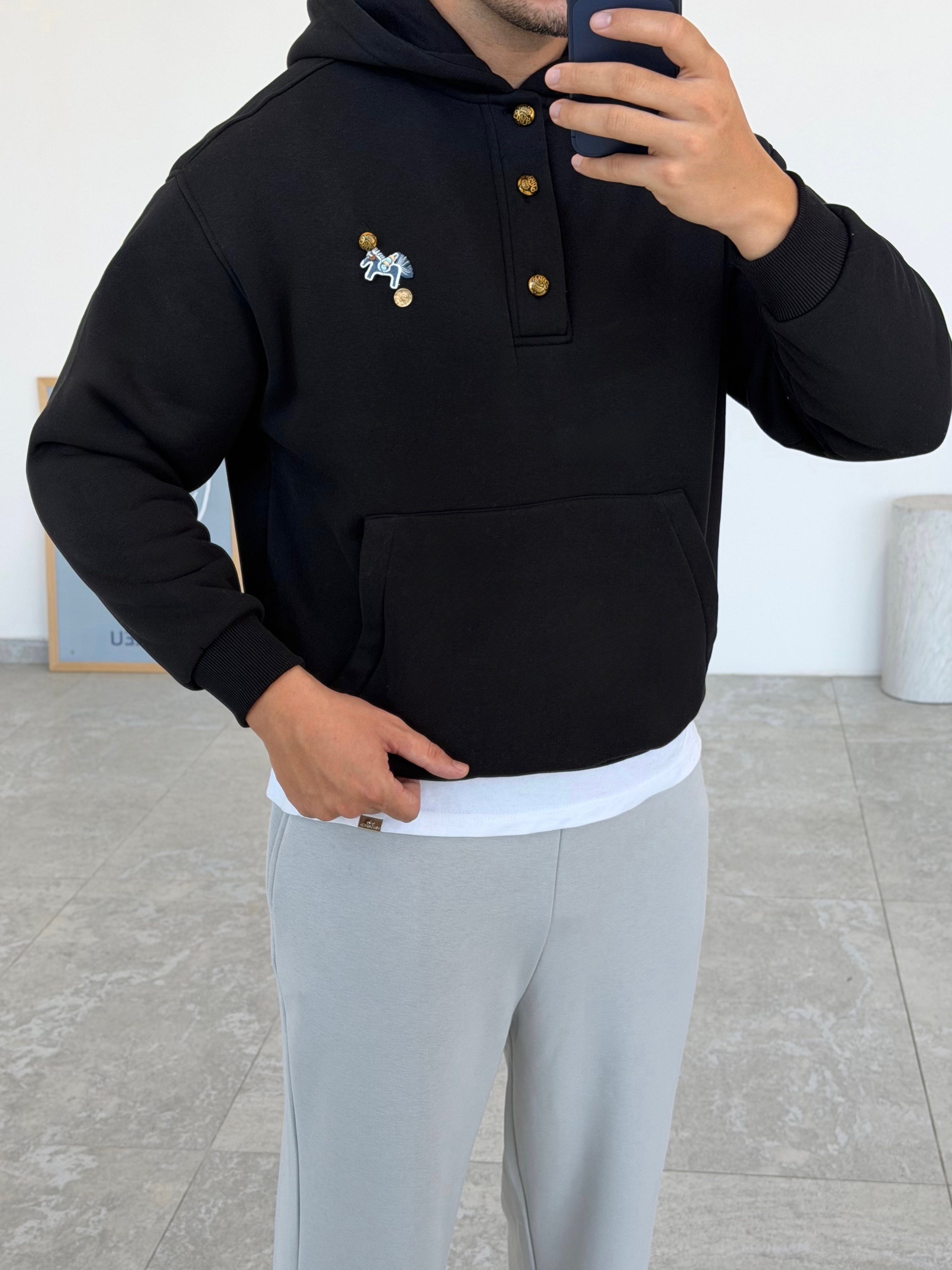Gold Siyah Kapüşonlu Şardonlu Sweatshirt