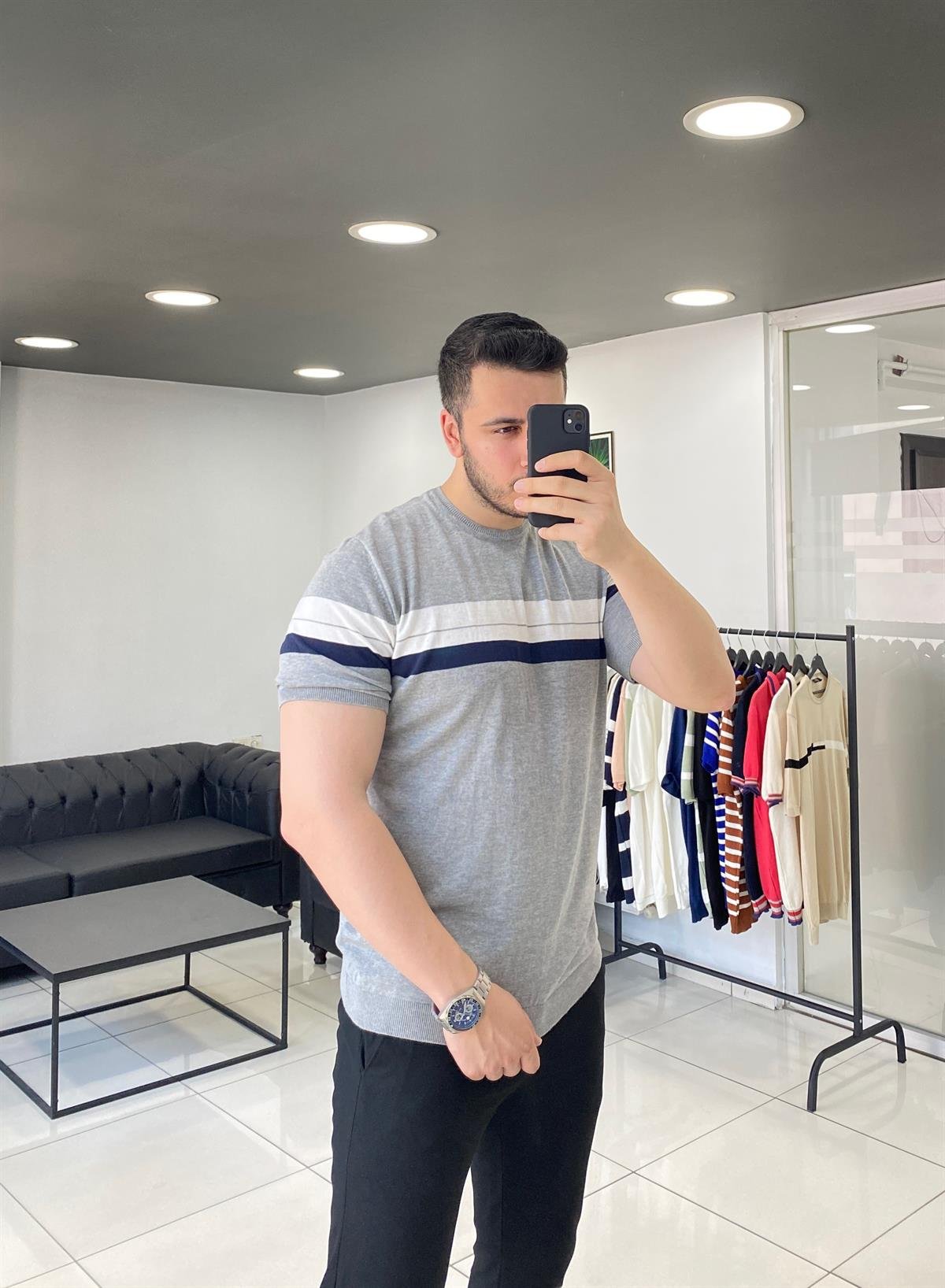 Gri Desenli Örme Triko Tişört