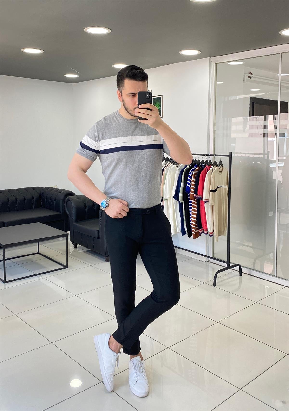 Gri Desenli Örme Triko Tişört