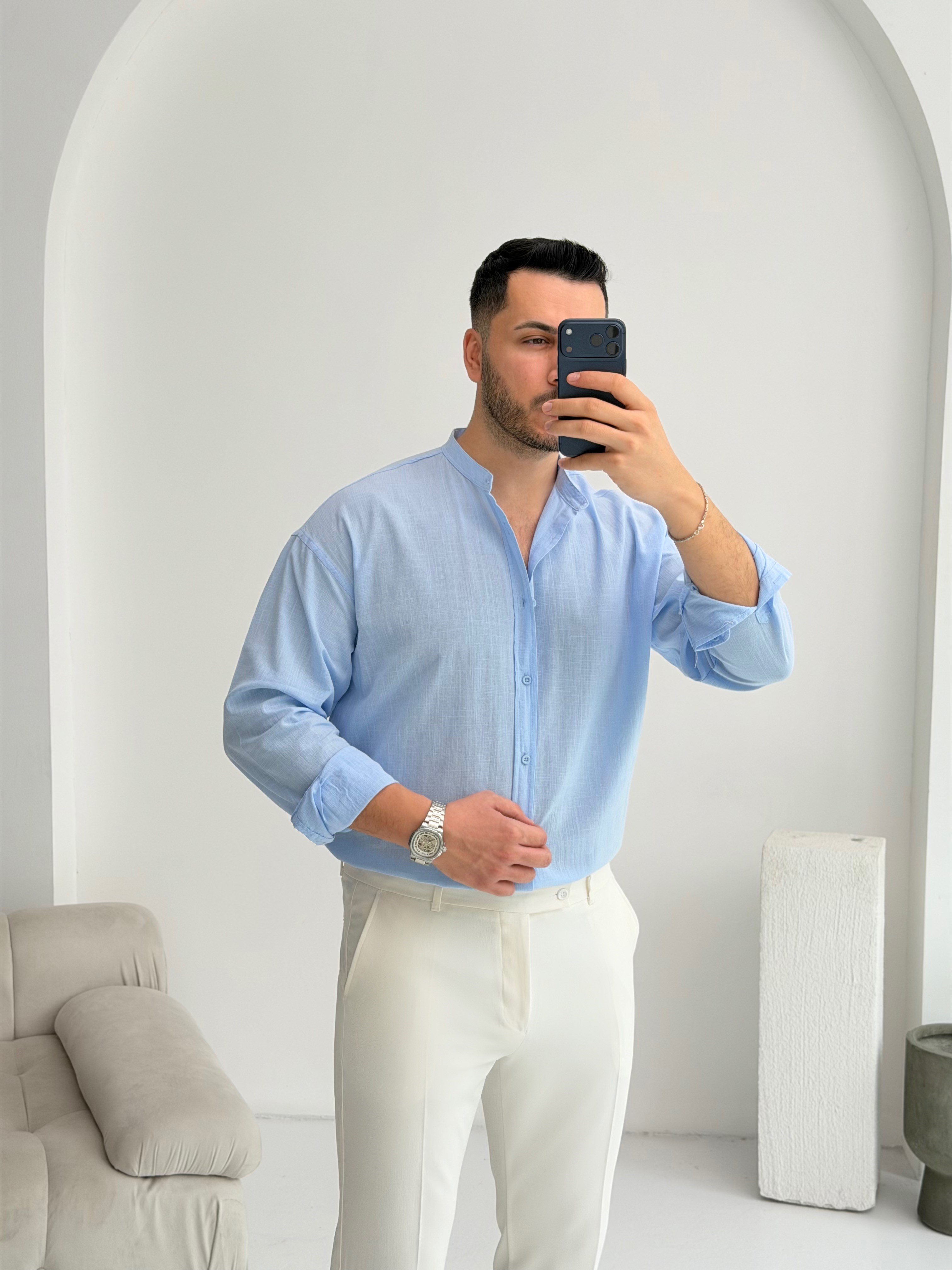 Hakim Yaka Bebe Mavisi Oversize Keten Gömlek