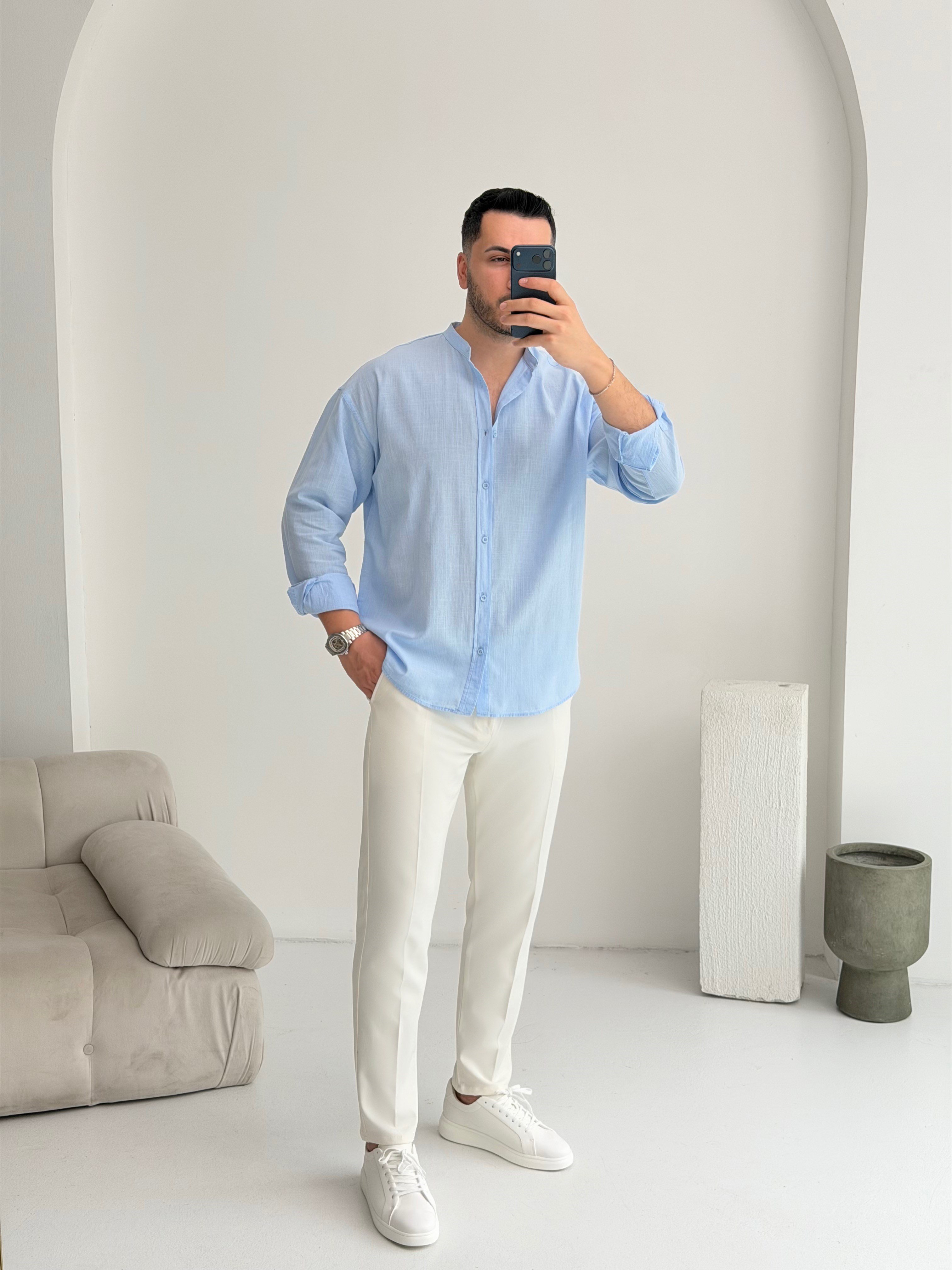 Hakim Yaka Bebe Mavisi Oversize Keten Gömlek
