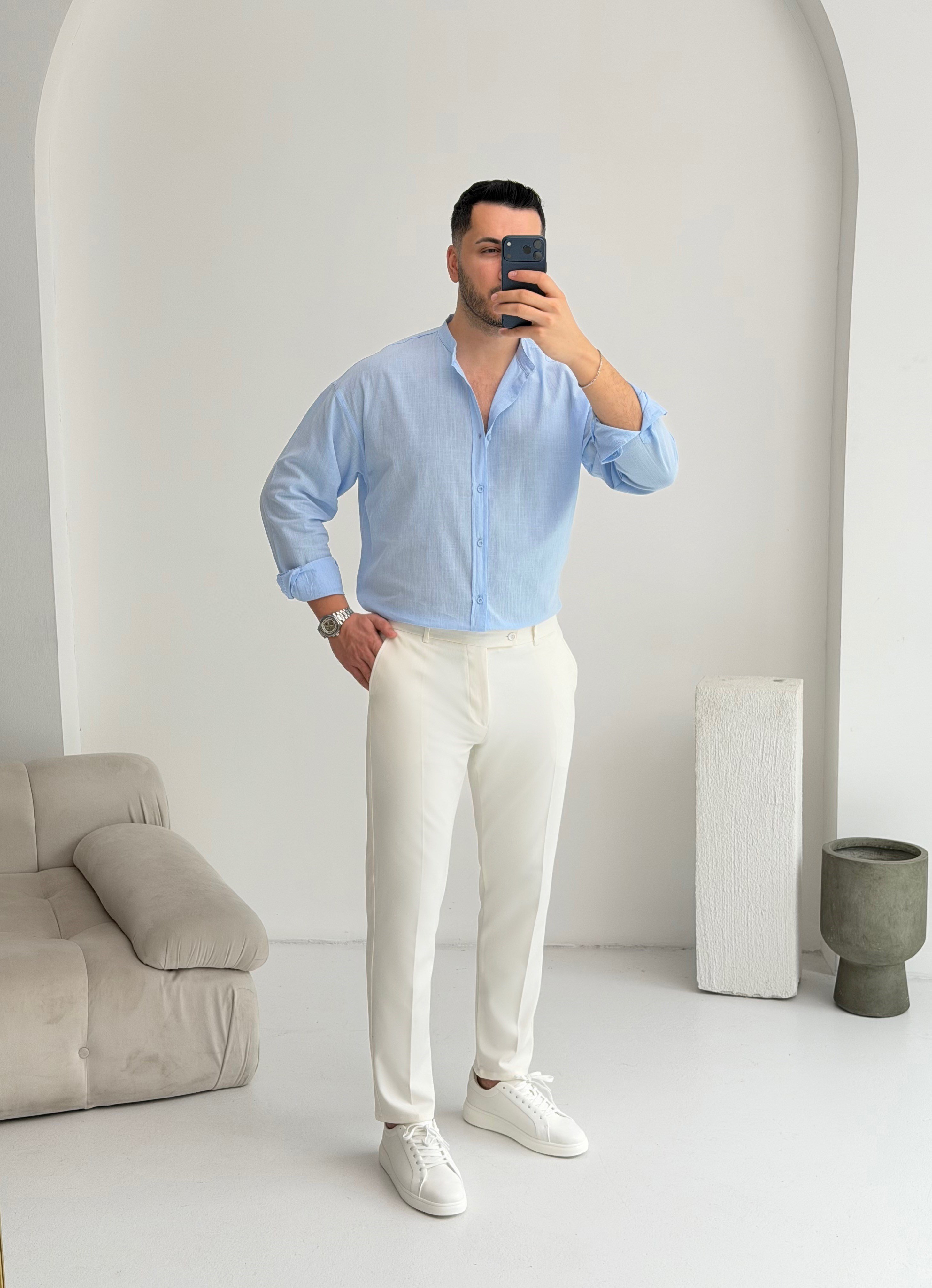 Hakim Yaka Bebe Mavisi Oversize Keten Gömlek