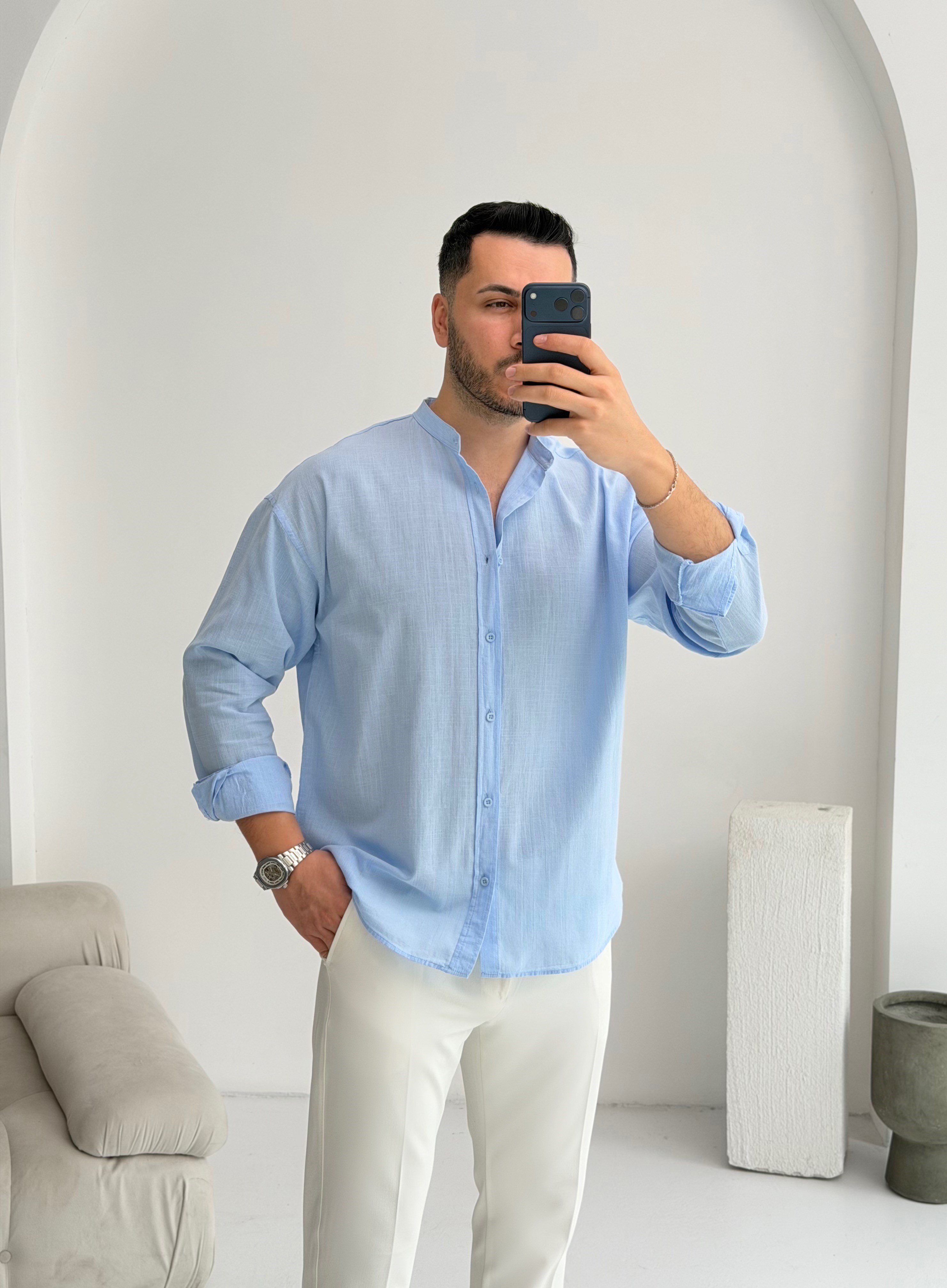 Hakim Yaka Bebe Mavisi Oversize Keten Gömlek