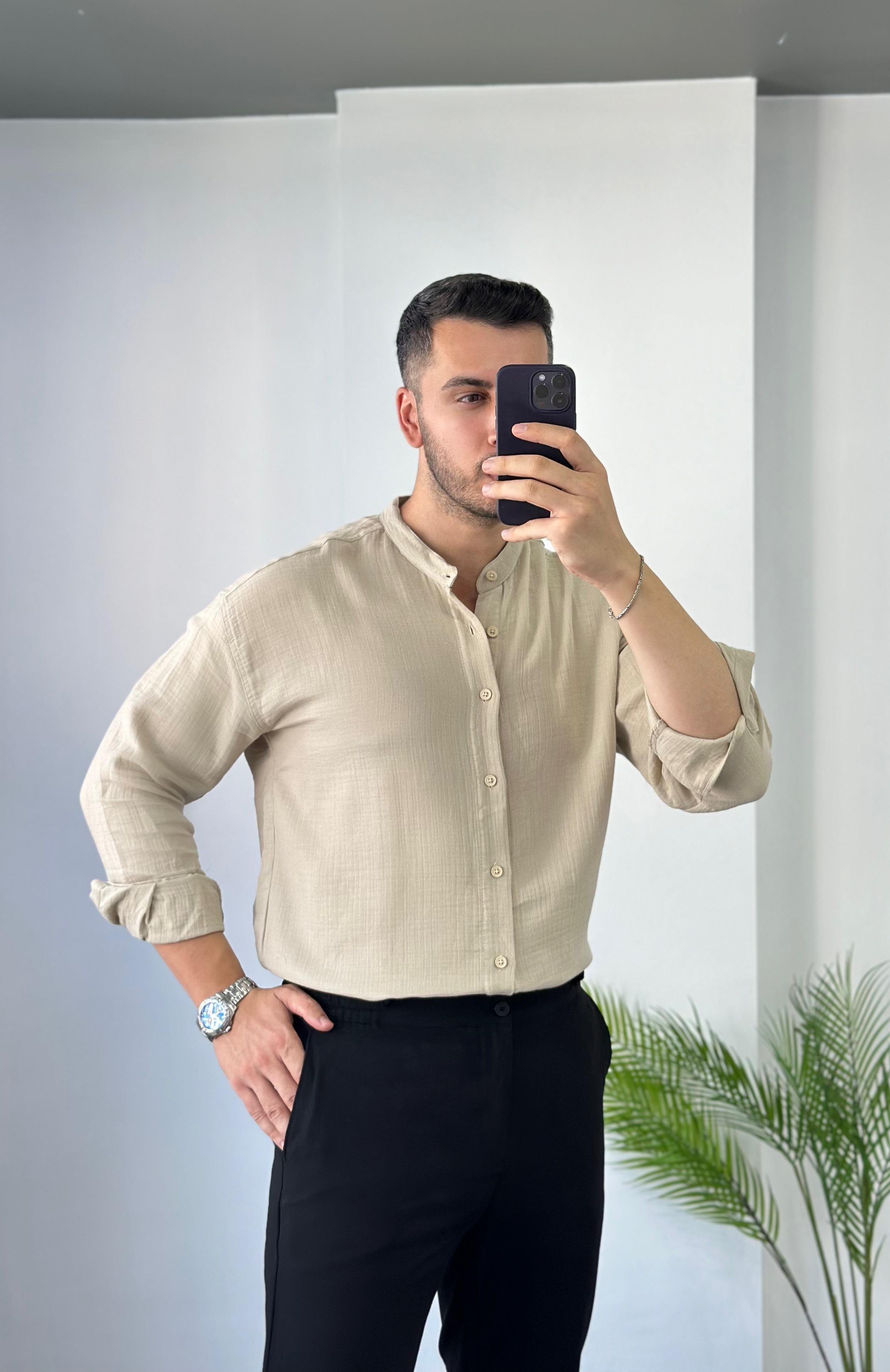 Hakim Yaka Bej Oversize Keten Gömlek 