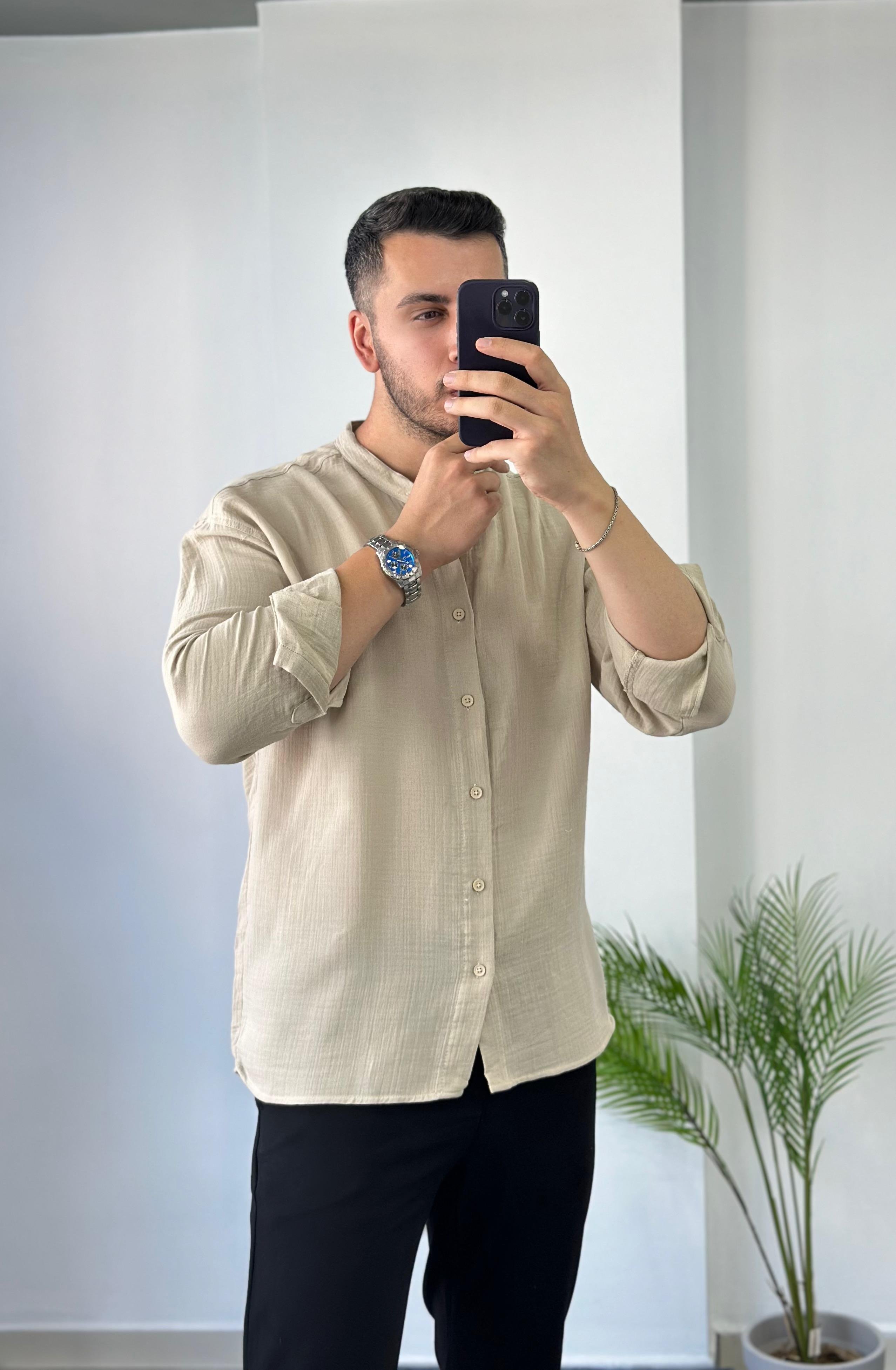 Hakim Yaka Bej Oversize Keten Gömlek 