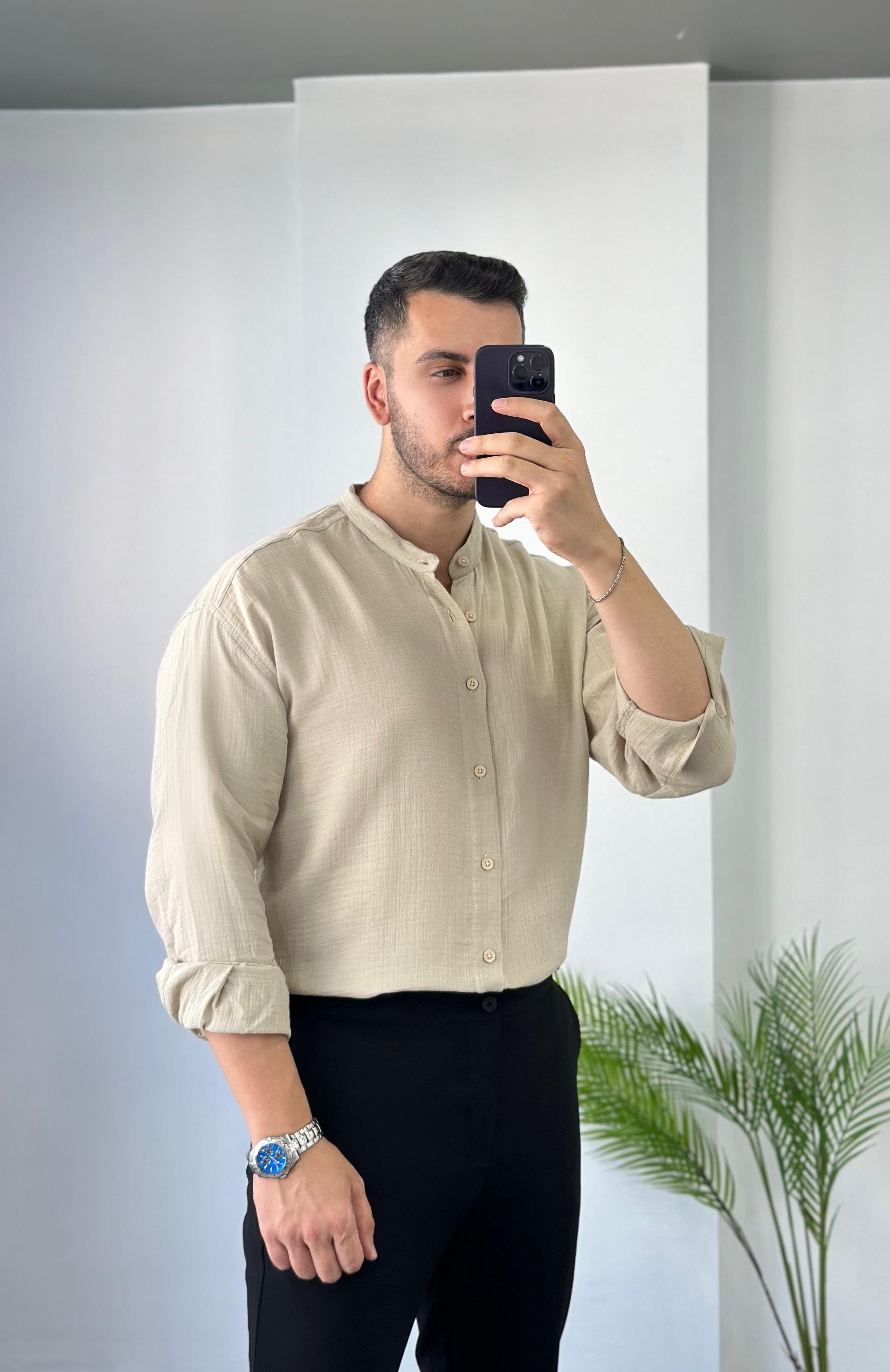 Hakim Yaka Bej Oversize Keten Gömlek 