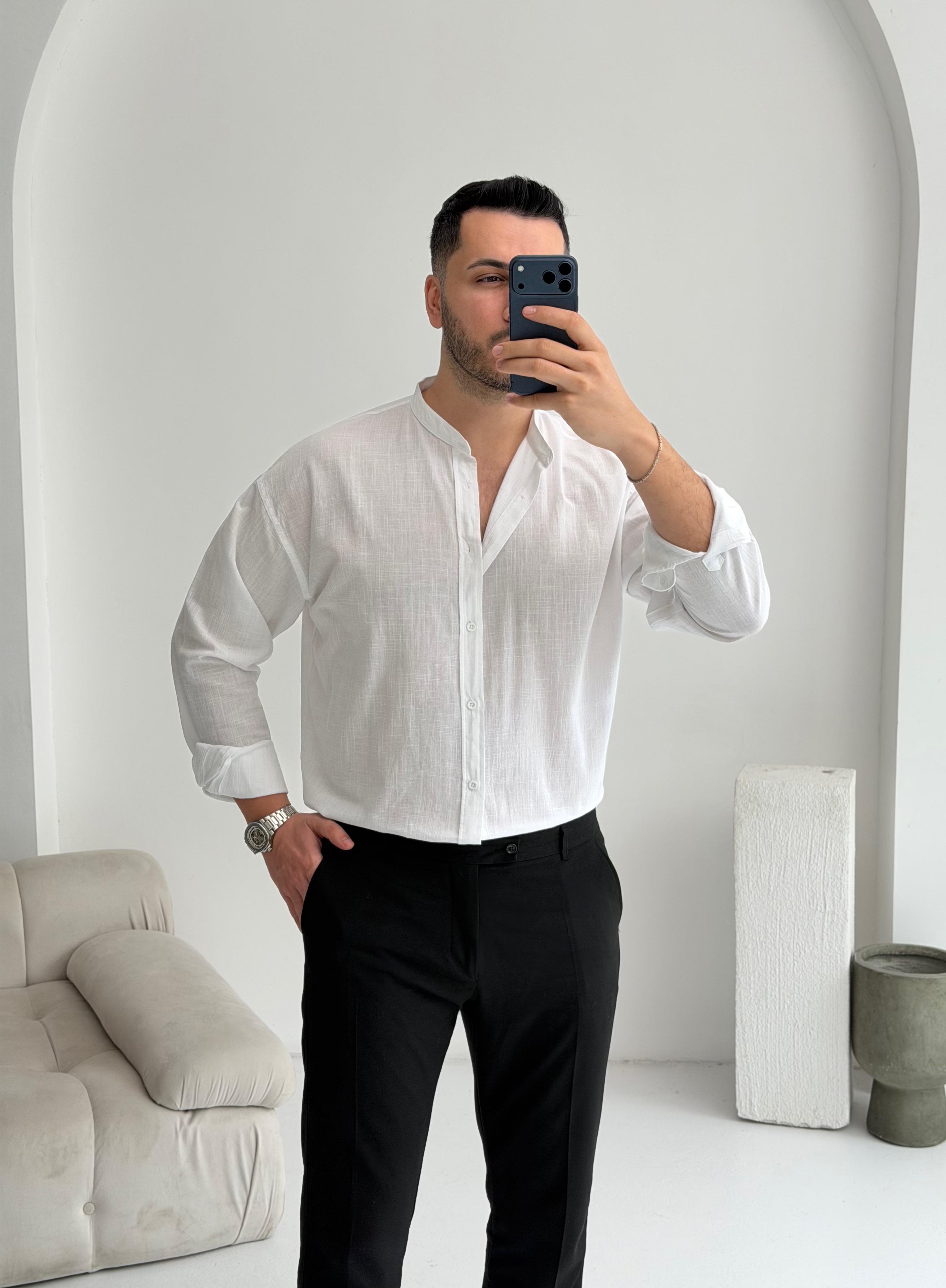 Hakim Yaka Beyaz Oversize Gömlek
