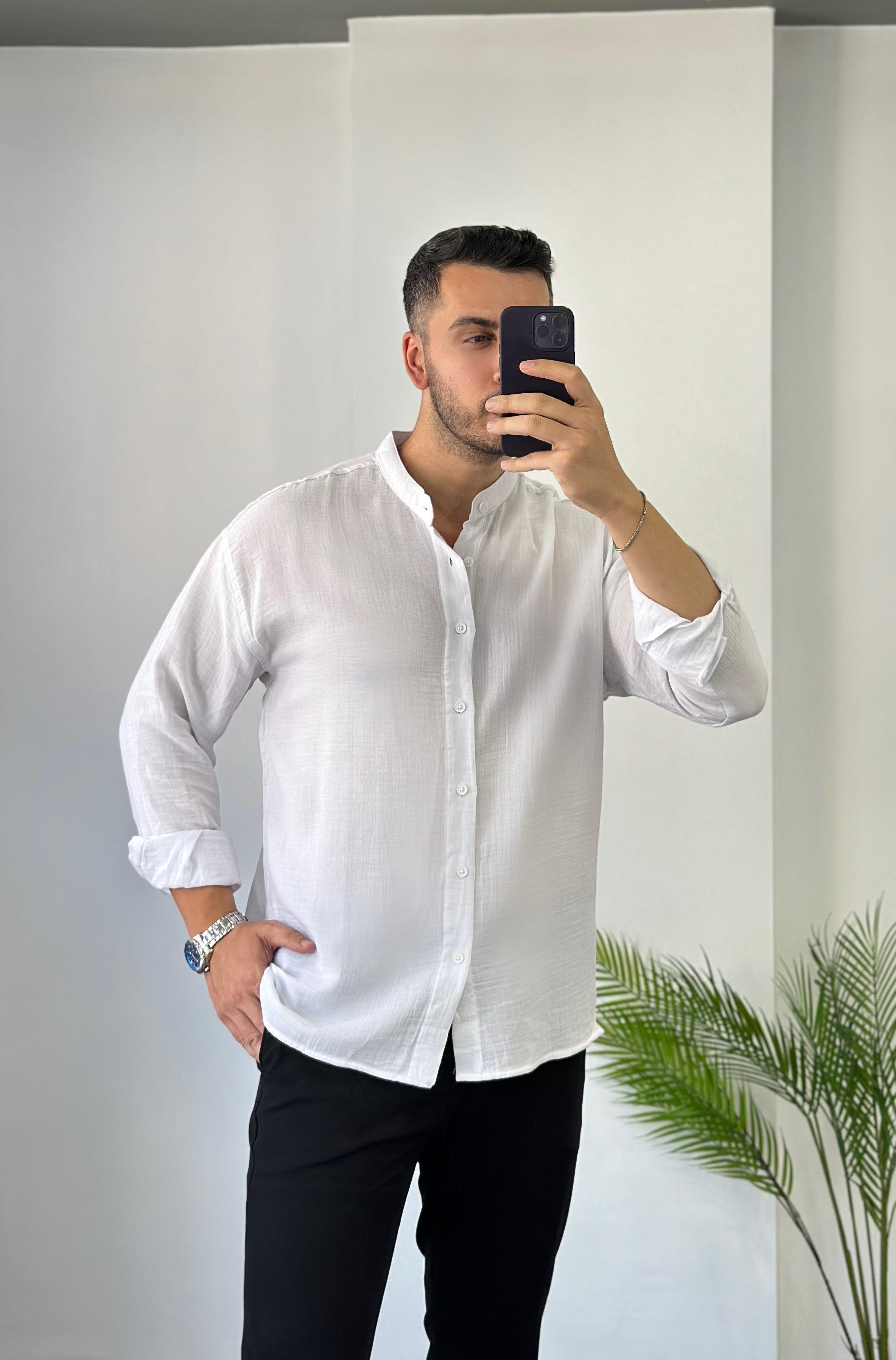Hakim Yaka Beyaz Oversize Gömlek 