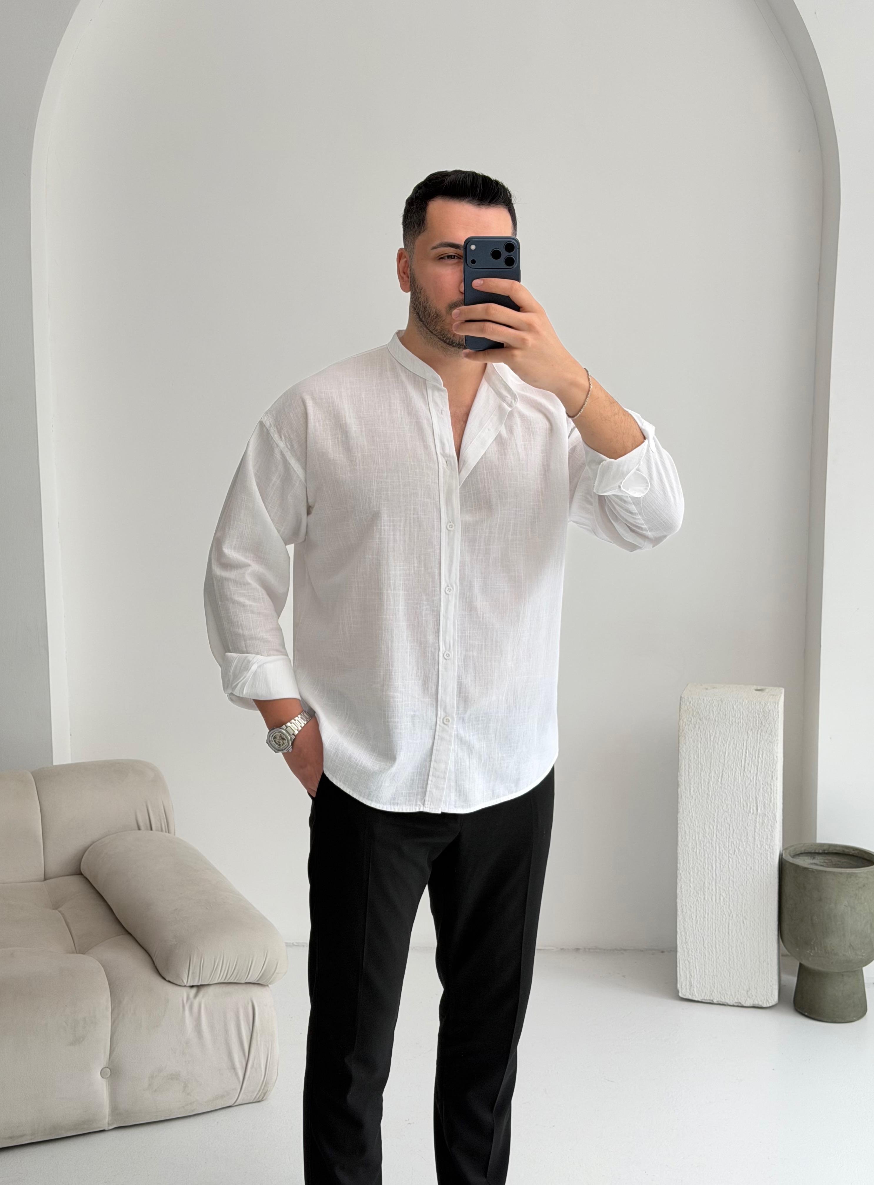 Hakim Yaka Beyaz Oversize Gömlek