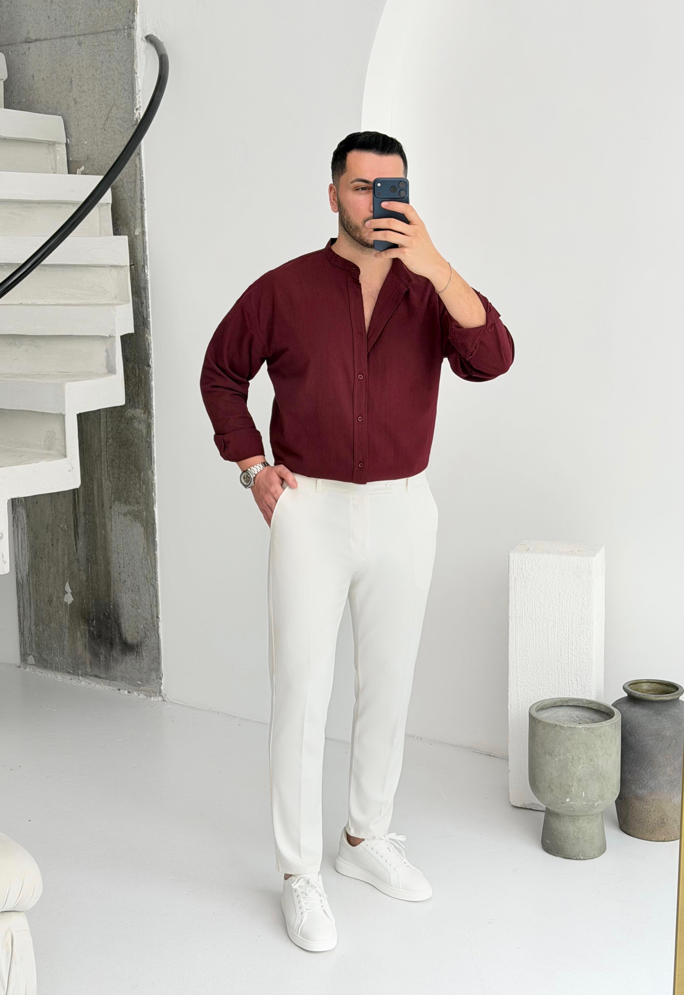 Hakim Yaka Bordo Oversize Keten Gömlek 