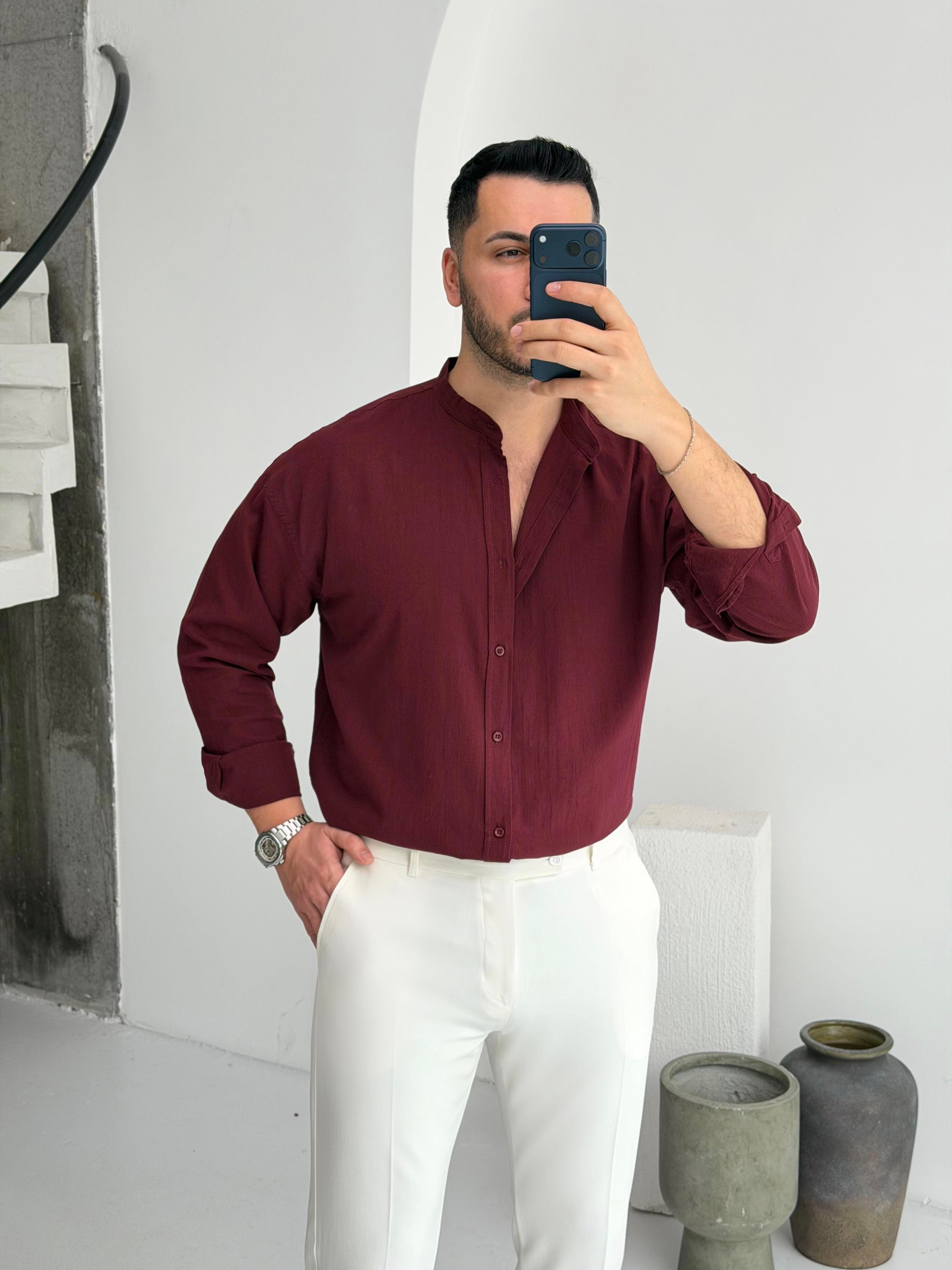 Hakim Yaka Bordo Oversize Keten Gömlek 