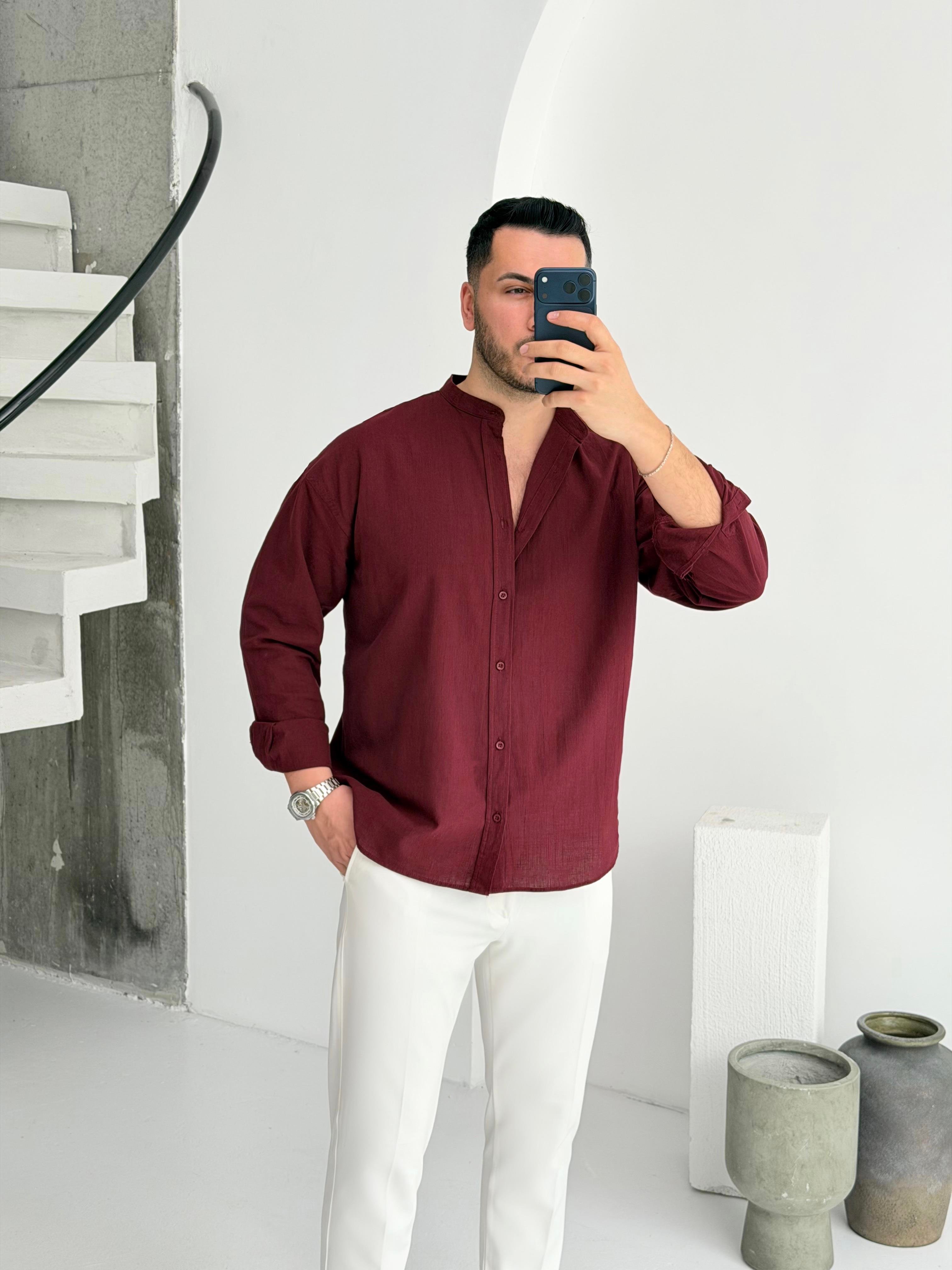 Hakim Yaka Bordo Oversize Keten Gömlek 
