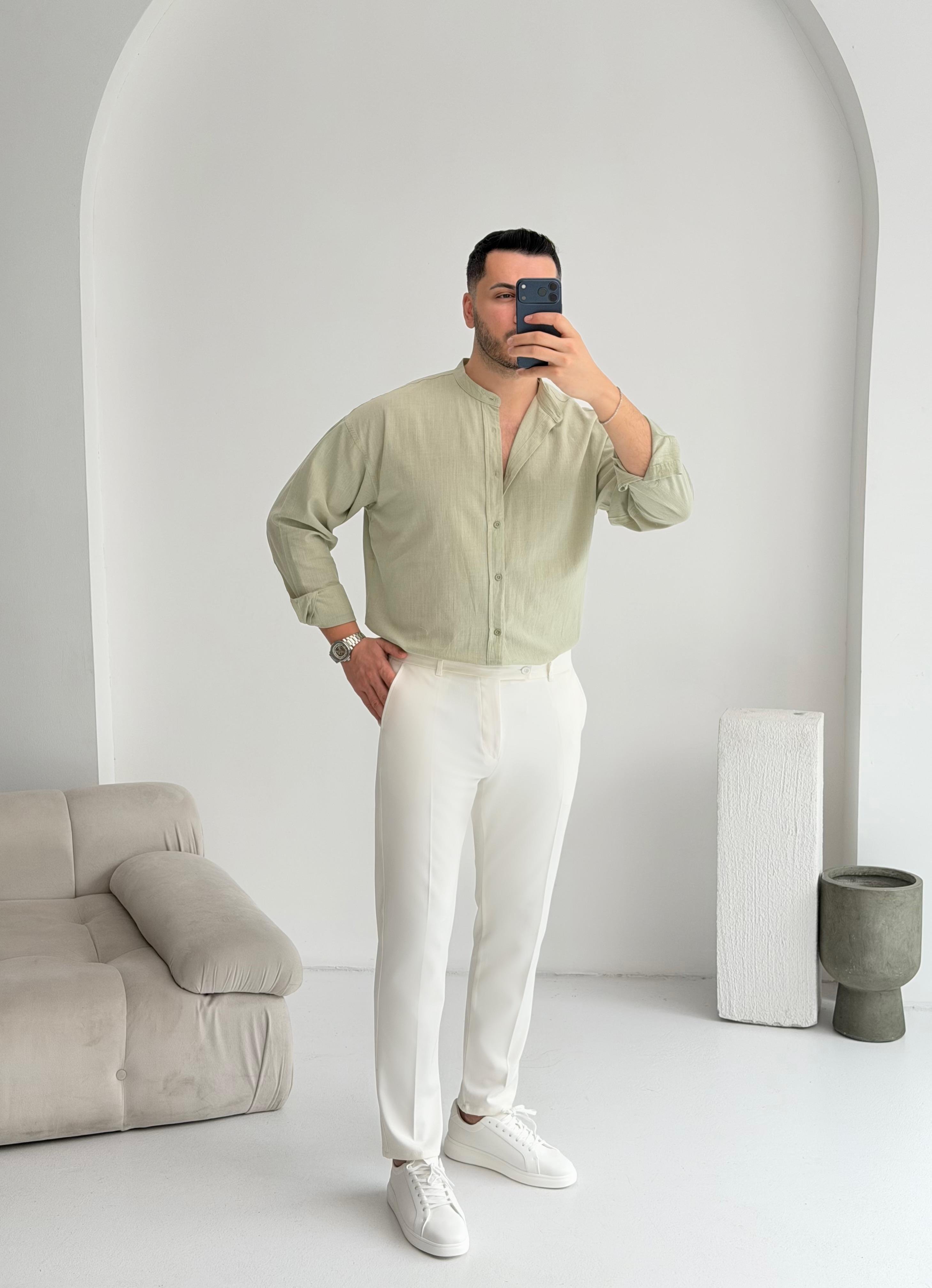 Hakim Yaka Çağla Oversize Keten Gömlek 