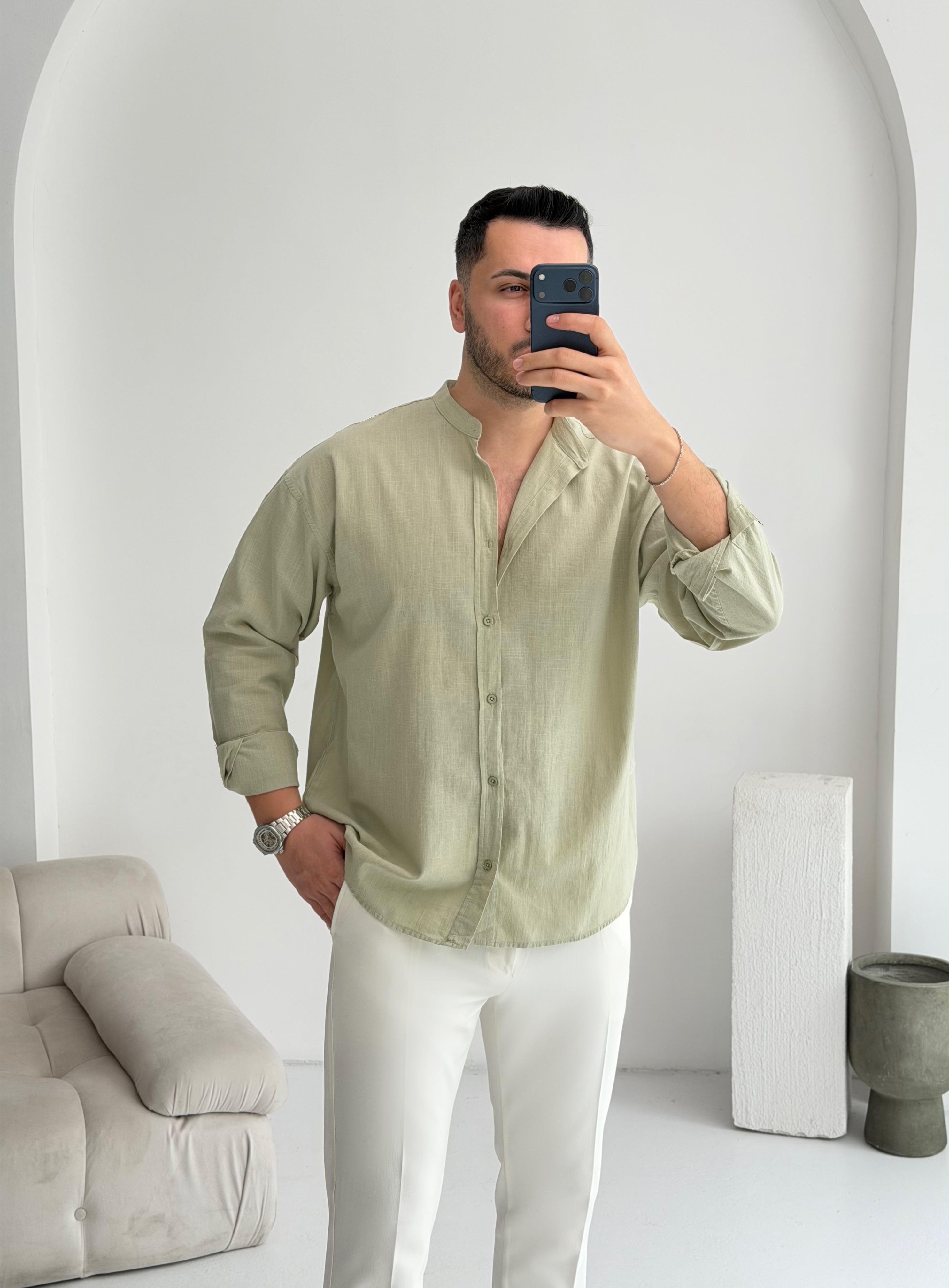 Hakim Yaka Çağla Oversize Keten Gömlek 