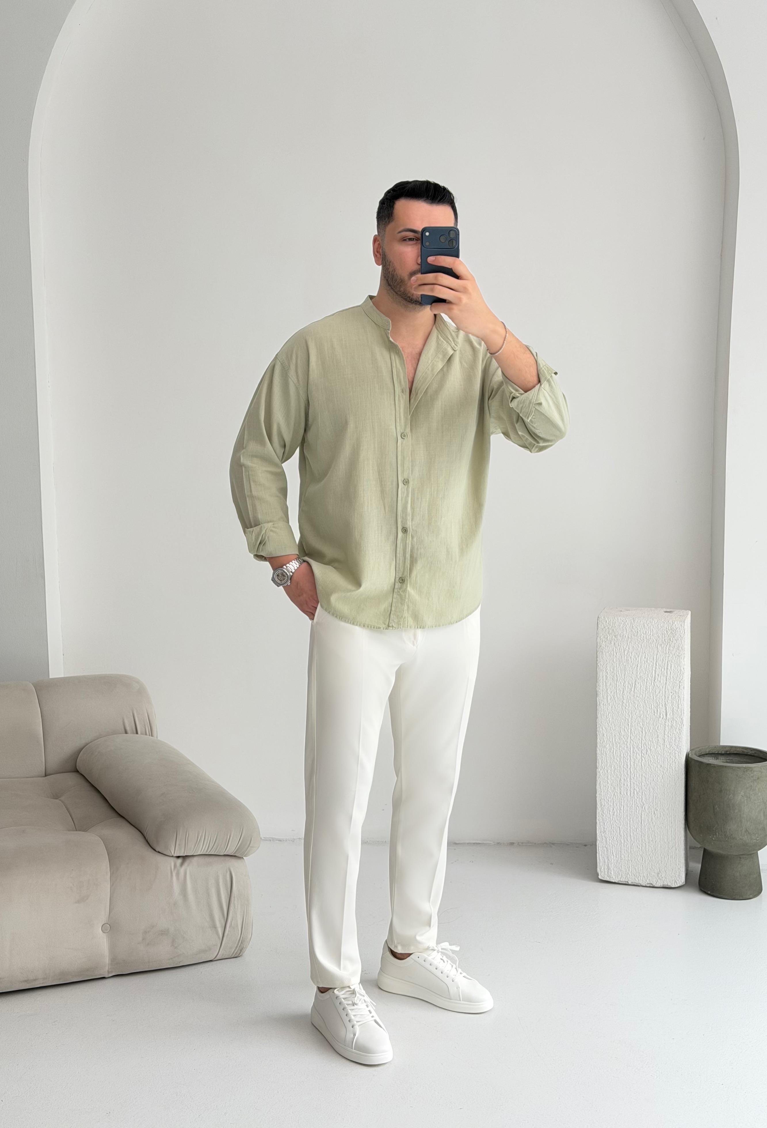 Hakim Yaka Çağla Oversize Keten Gömlek 