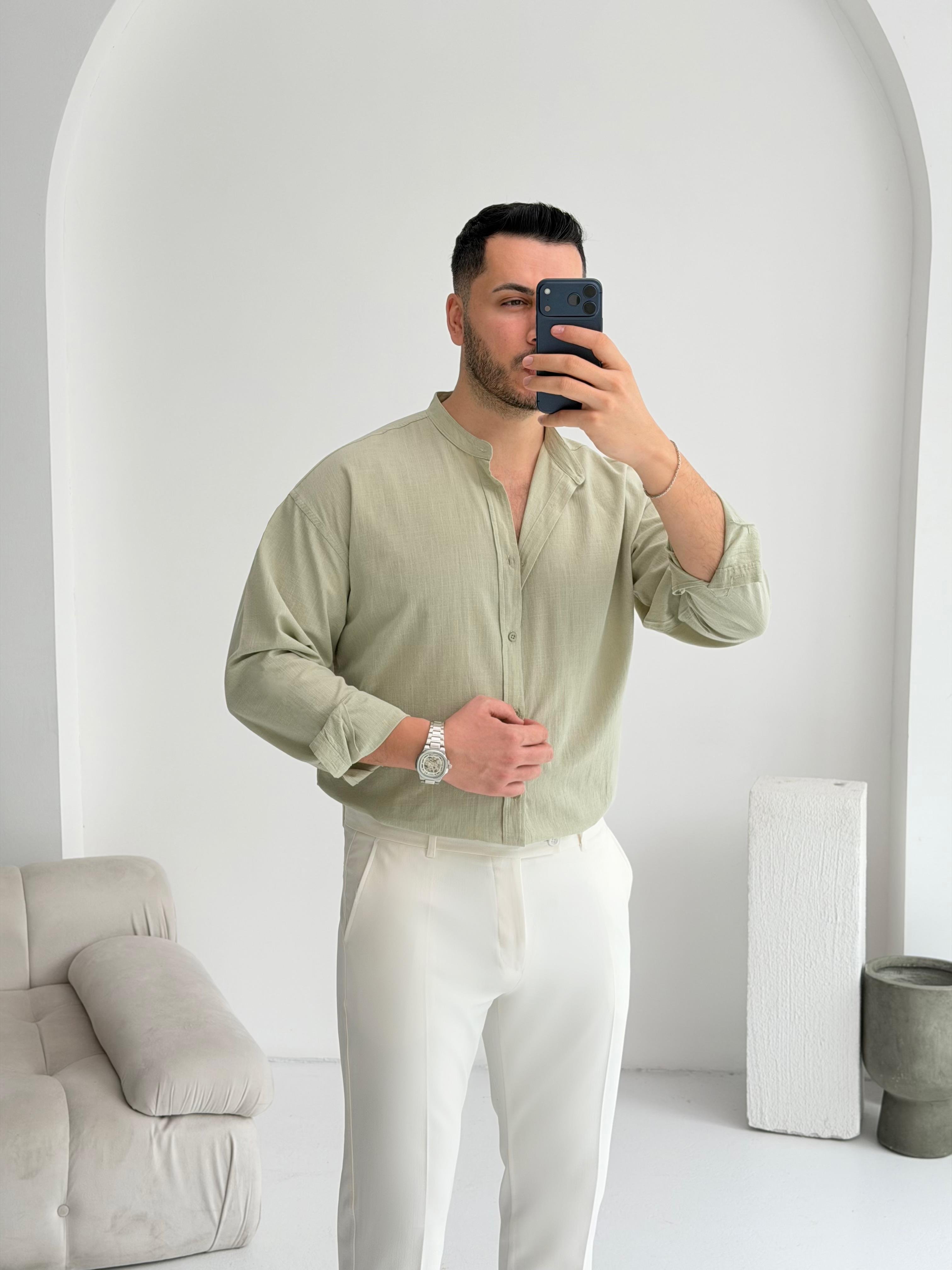 Hakim Yaka Çağla Oversize Keten Gömlek 