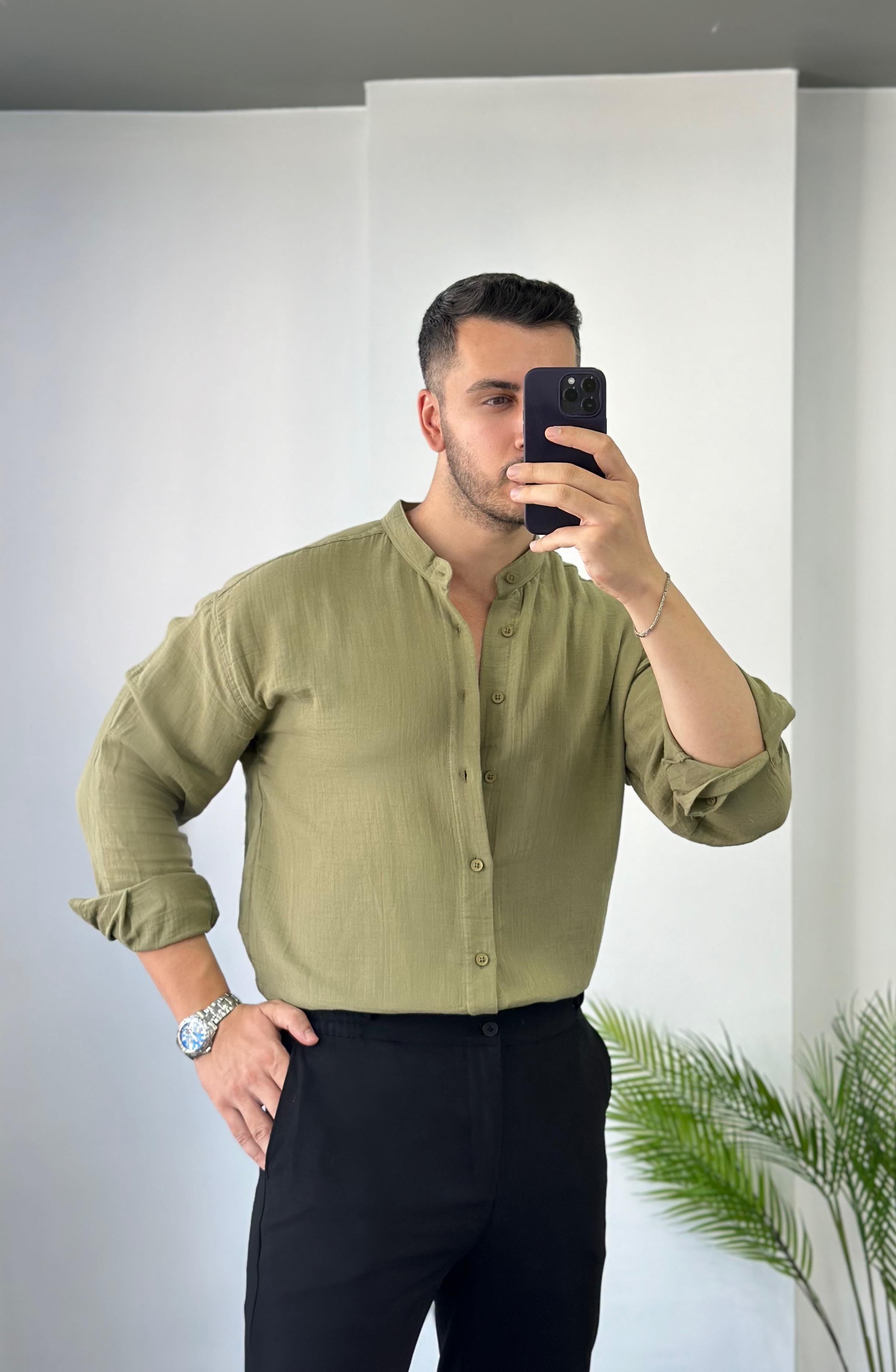 Hakim Yaka Haki Oversize Keten Gömlek 