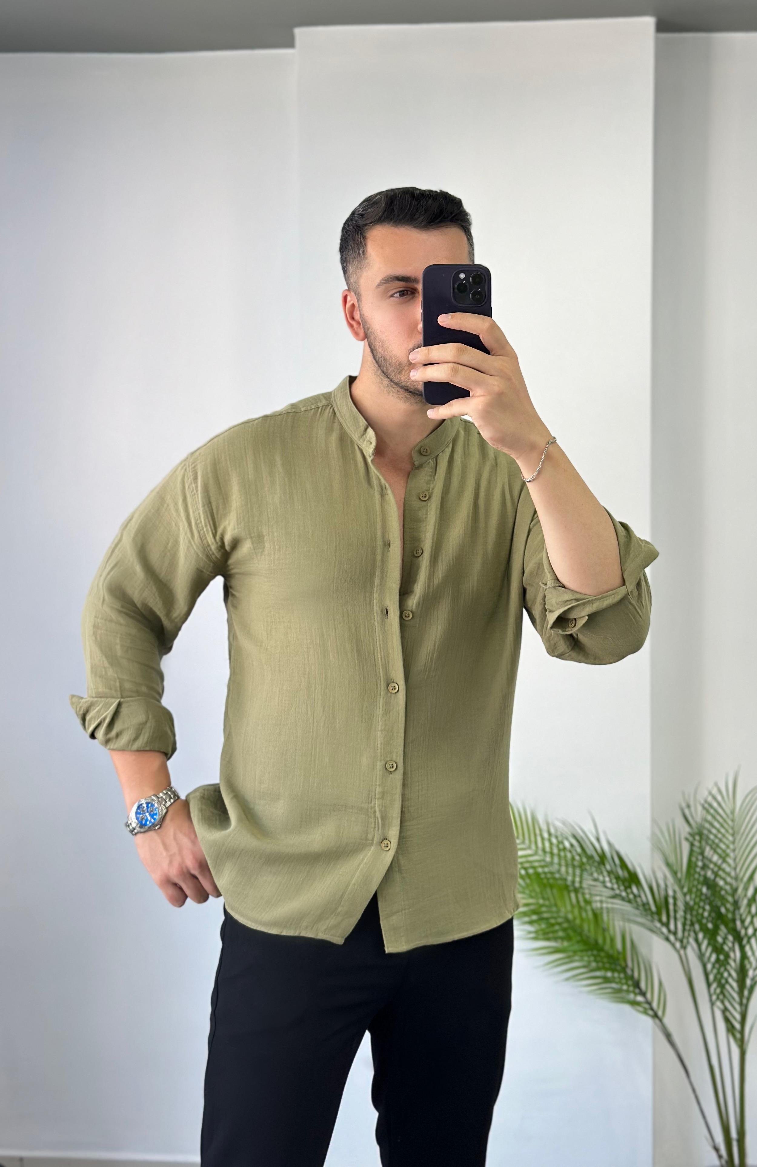 Hakim Yaka Haki Oversize Keten Gömlek 