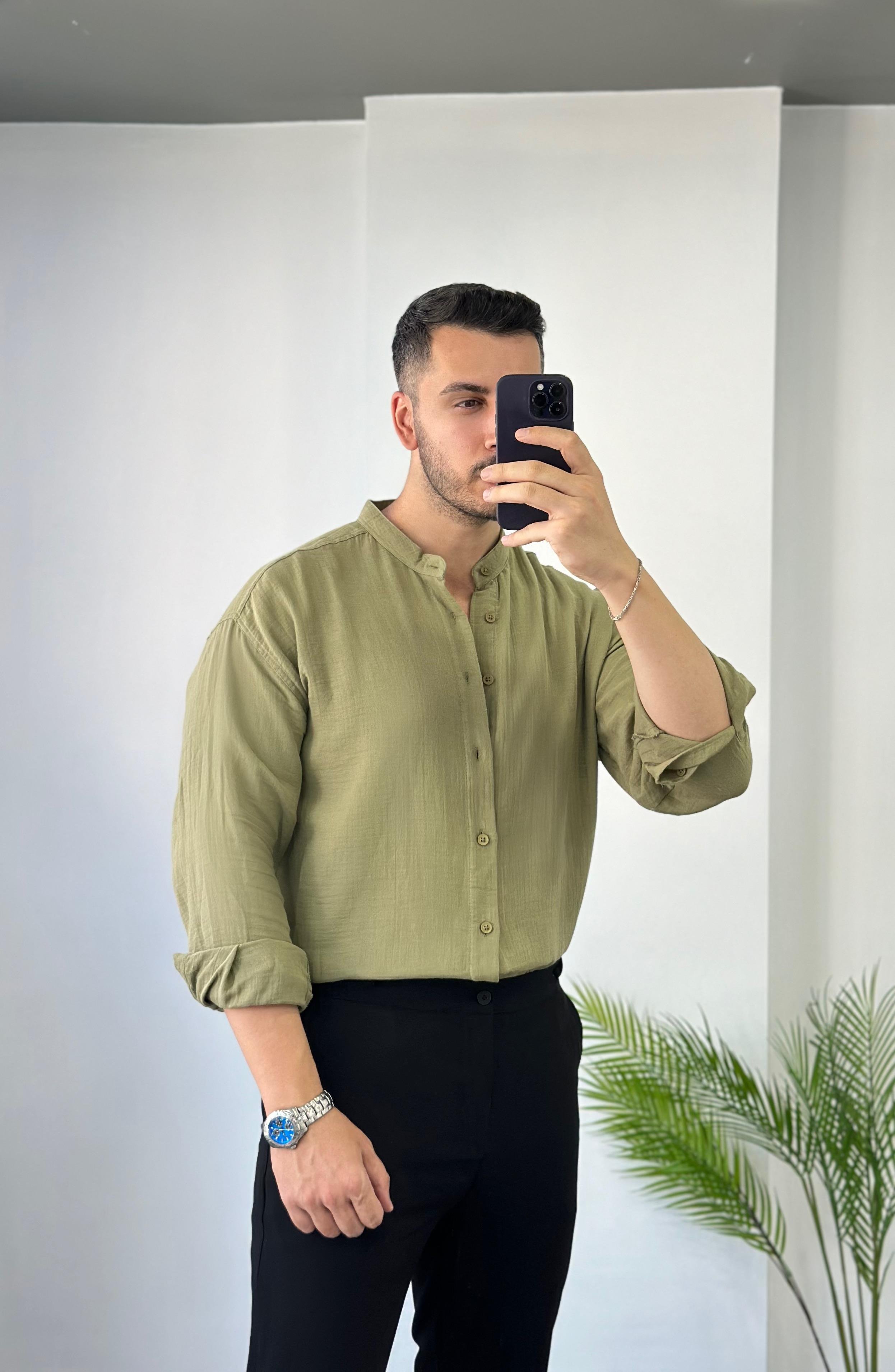 Hakim Yaka Haki Oversize Keten Gömlek 