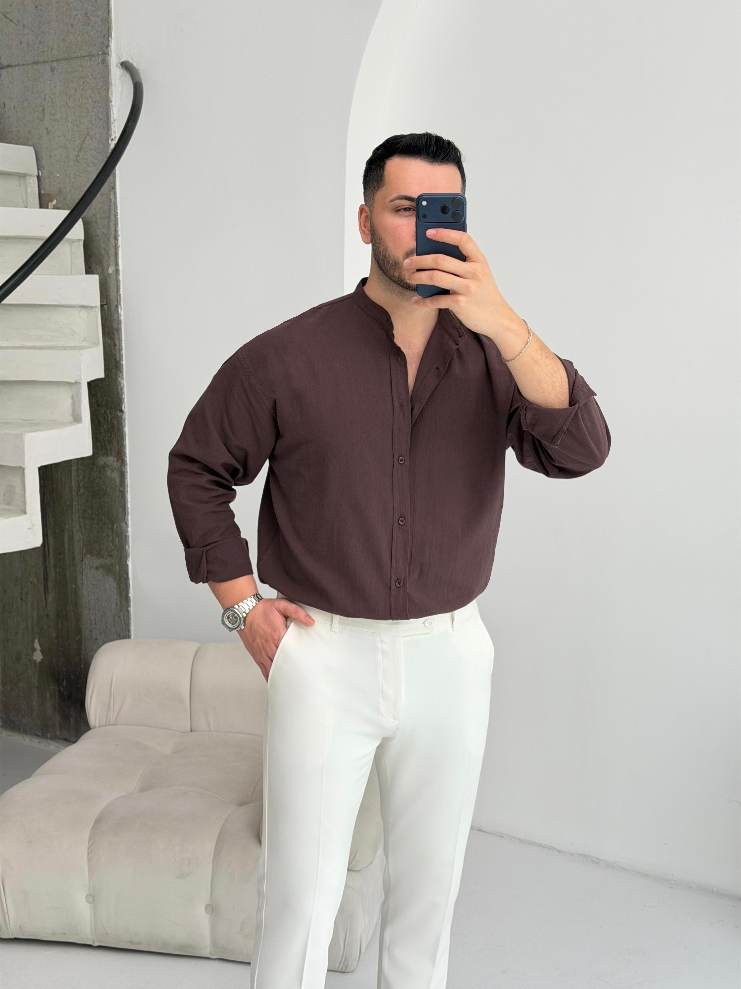 Hakim Yaka Kahve Oversize Keten Gömlek 