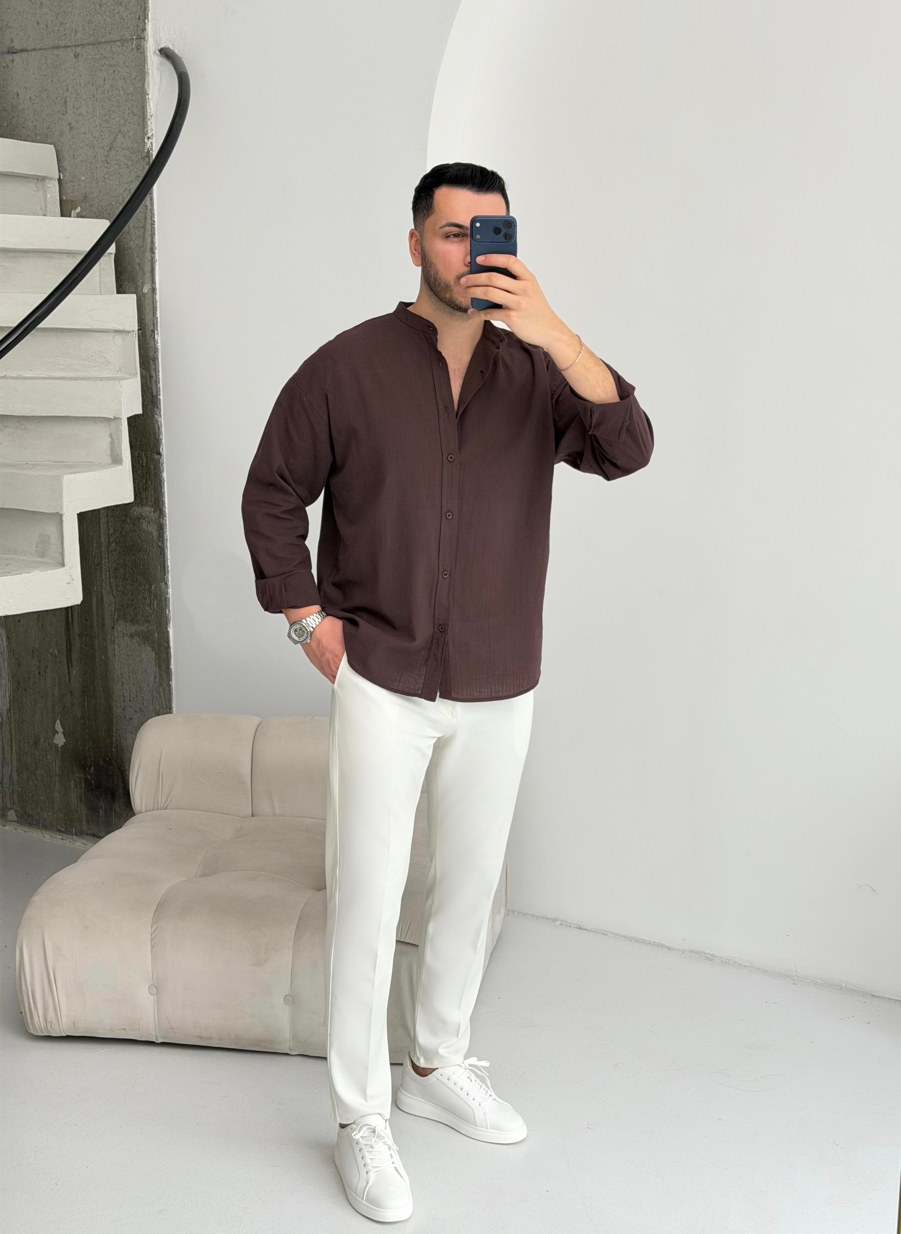 Hakim Yaka Kahve Oversize Keten Gömlek 