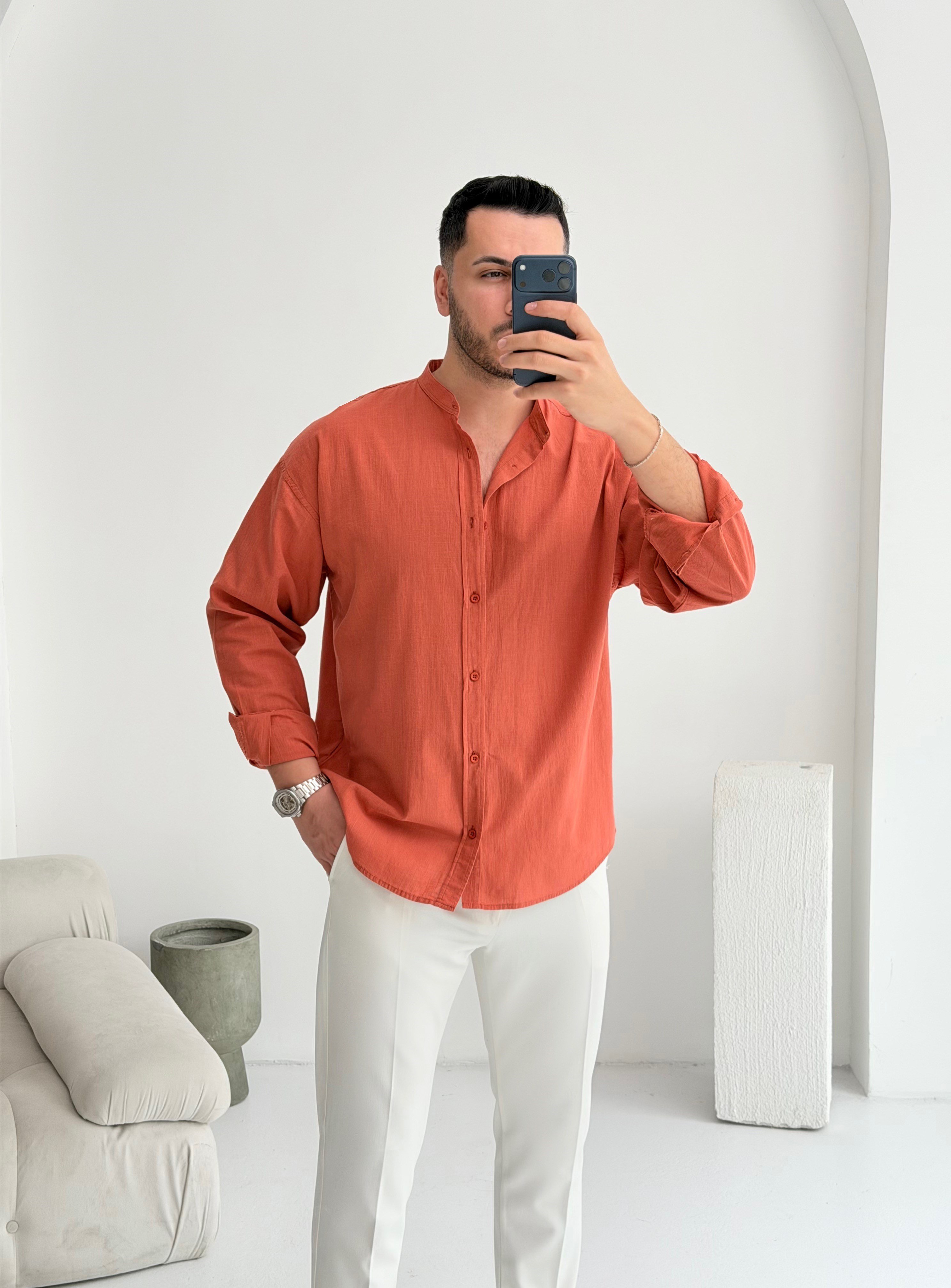 Hakim Yaka Kiremit Oversize Keten Gömlek