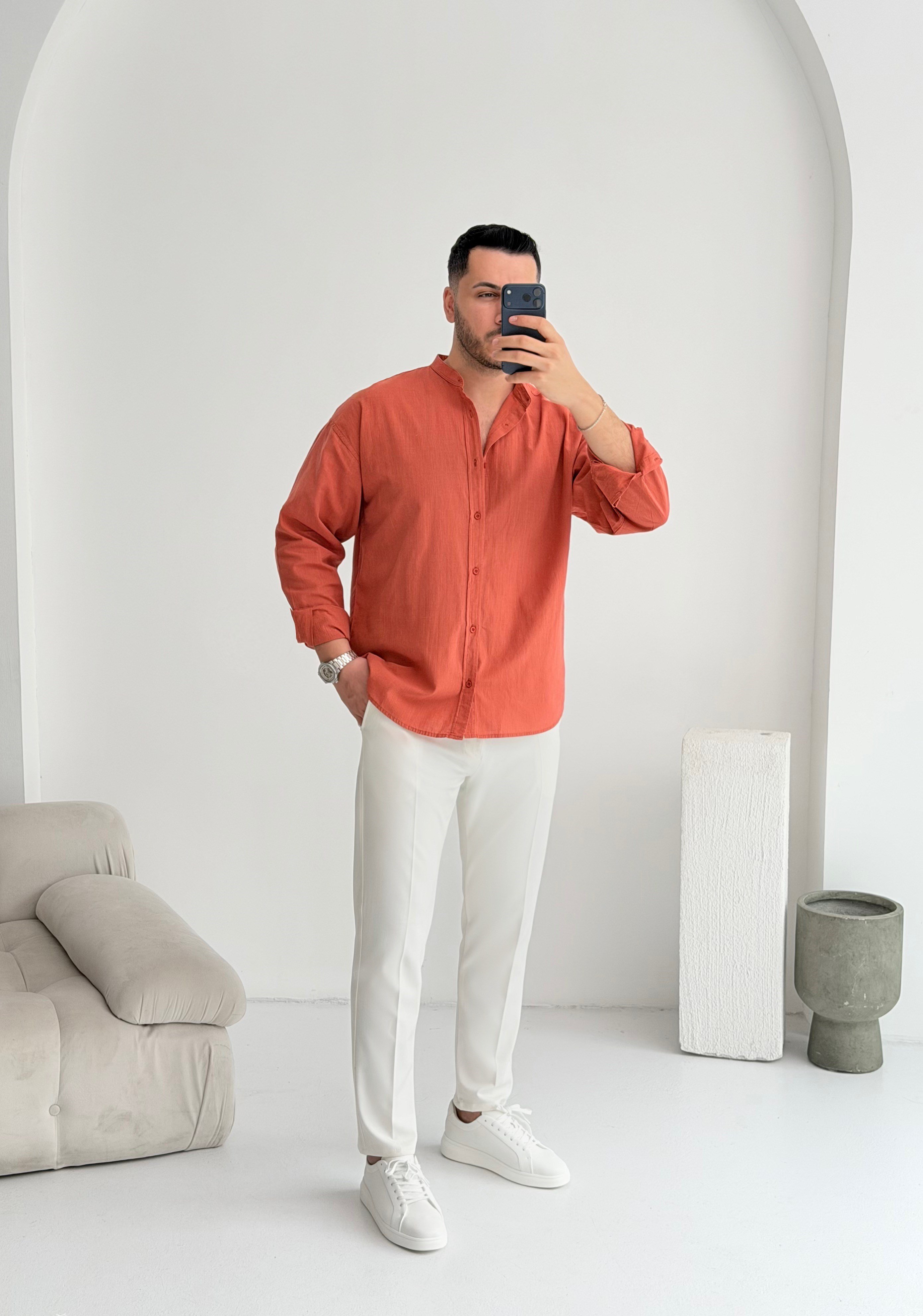 Hakim Yaka Kiremit Oversize Keten Gömlek