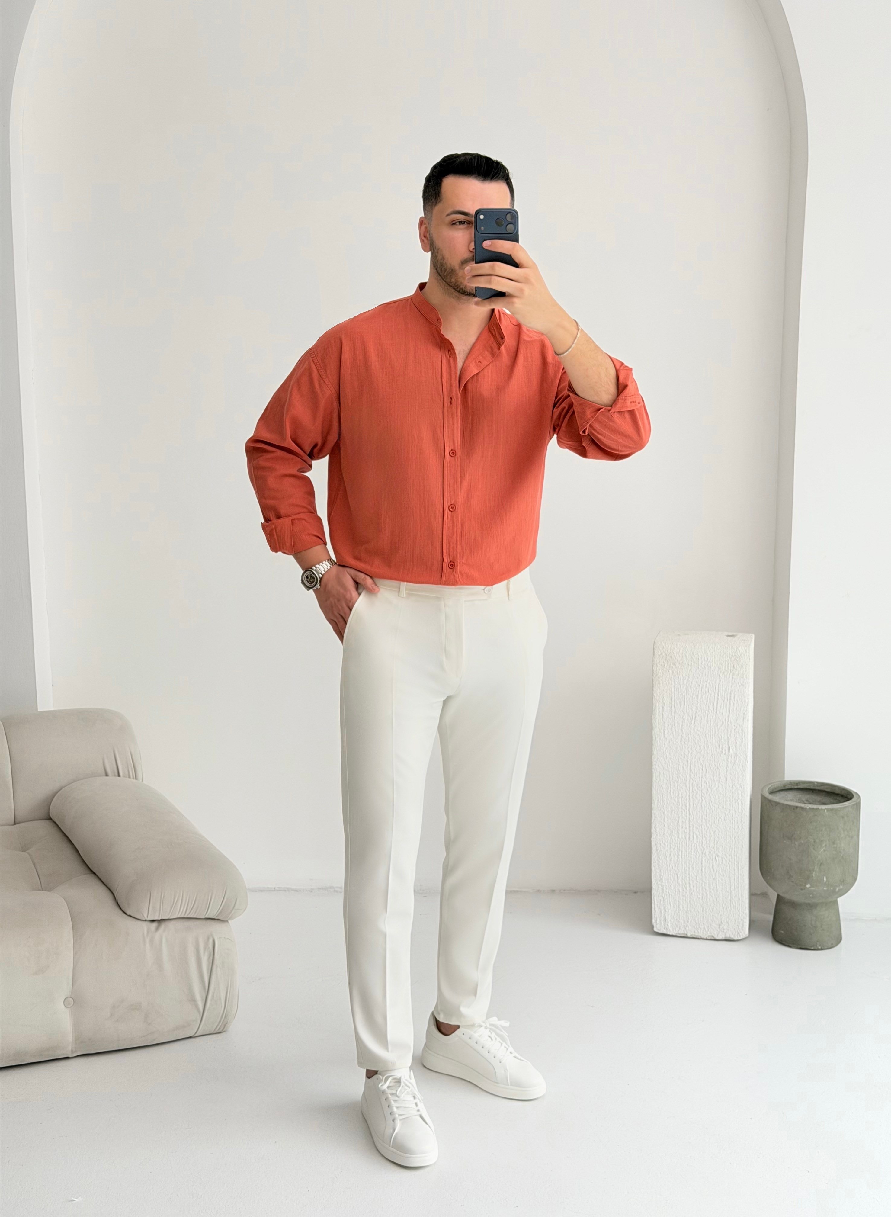 Hakim Yaka Kiremit Oversize Keten Gömlek