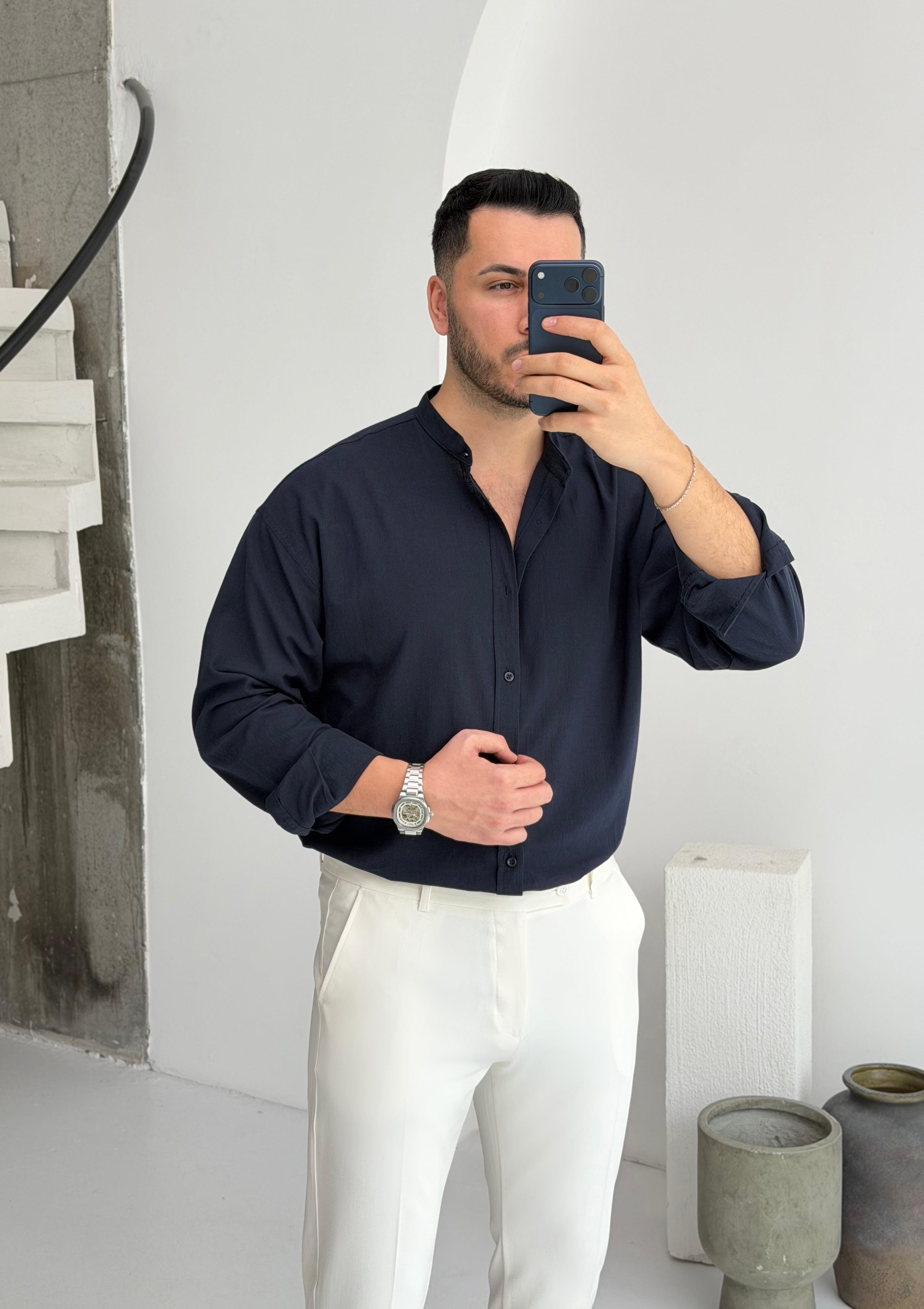 Hakim Yaka Lacivert Oversize Keten Gömlek 