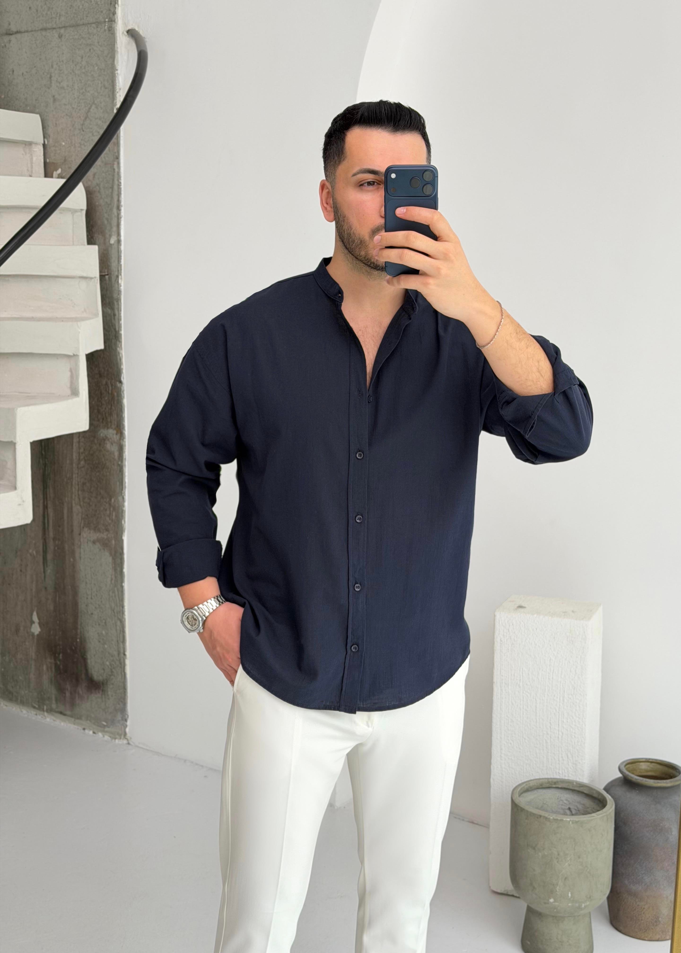 Hakim Yaka Lacivert Oversize Keten Gömlek 
