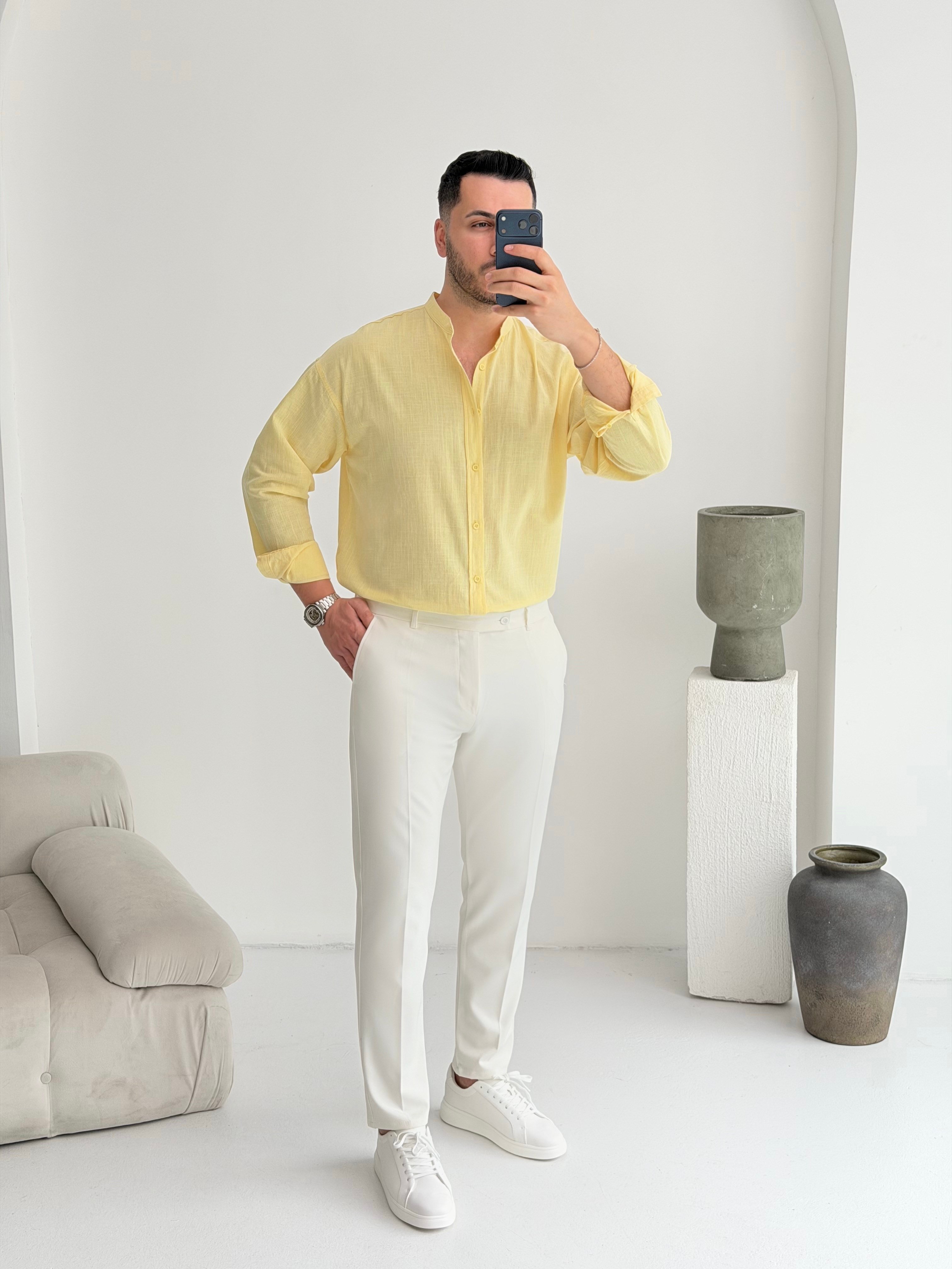 Hakim Yaka Limon Oversize Keten Gömlek
