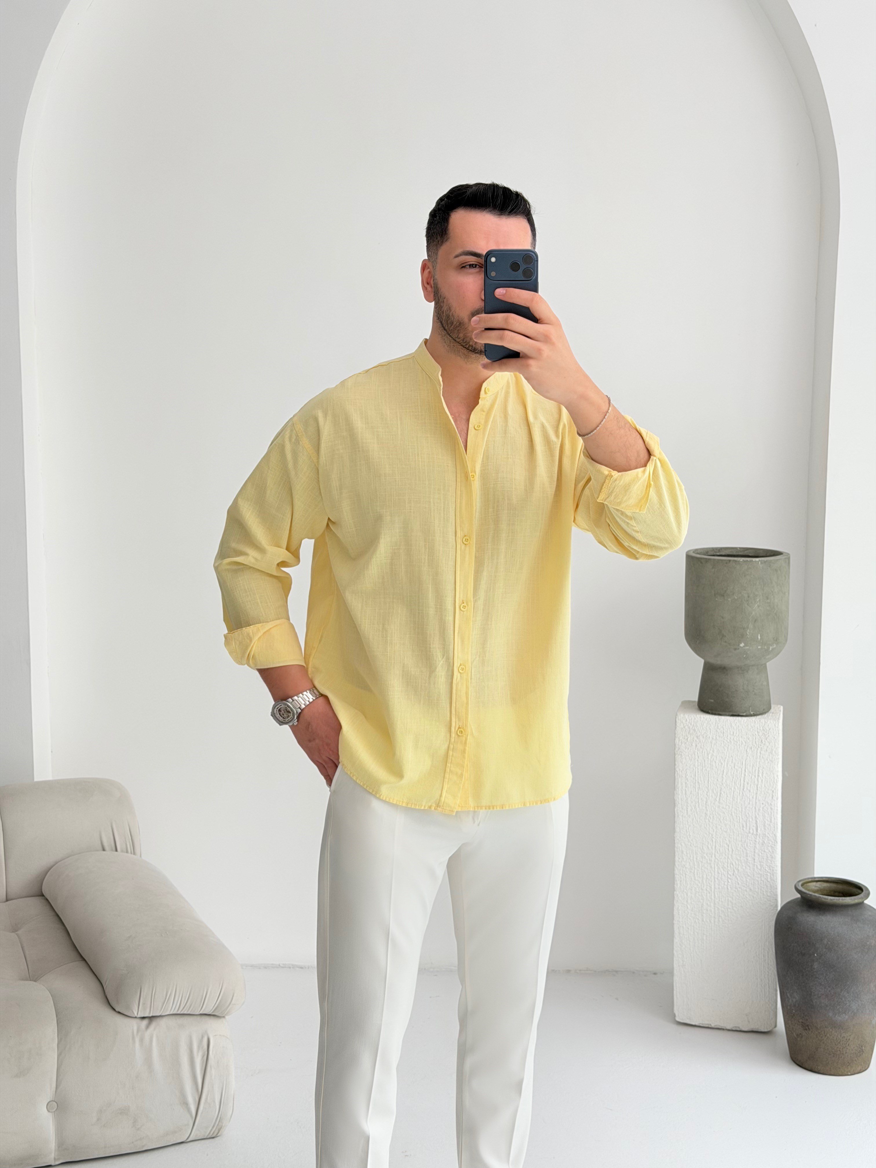 Hakim Yaka Limon Oversize Keten Gömlek