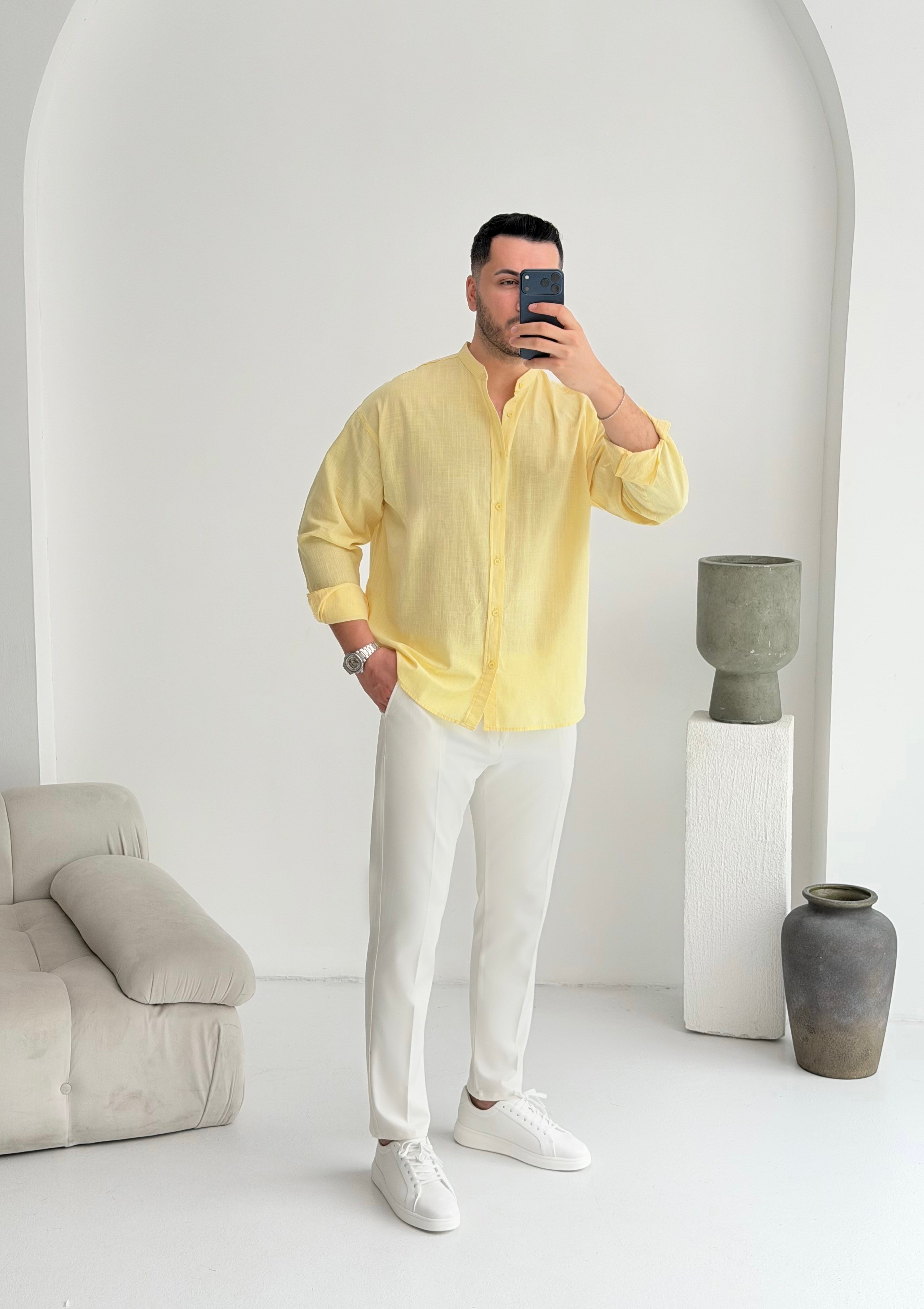 Hakim Yaka Limon Oversize Keten Gömlek