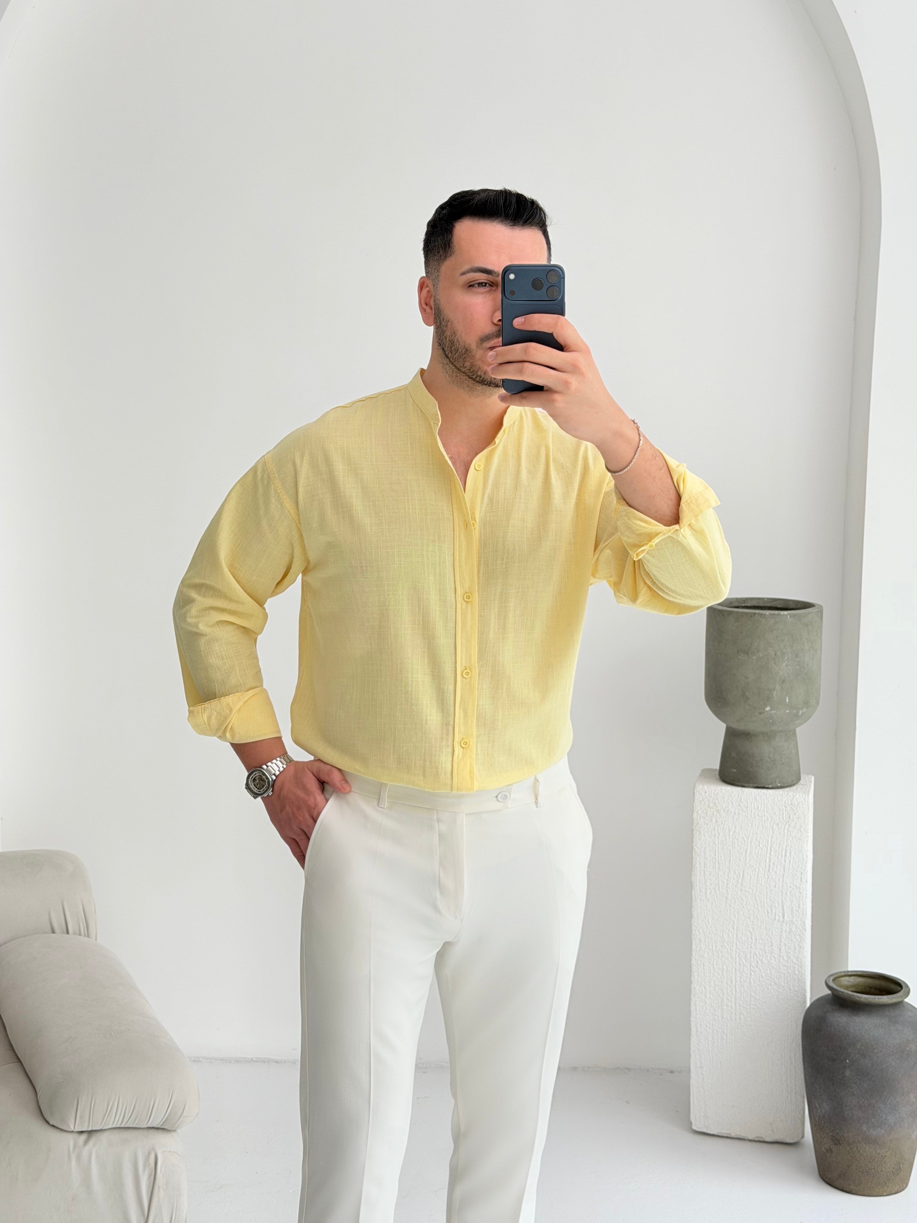 Hakim Yaka Limon Oversize Keten Gömlek