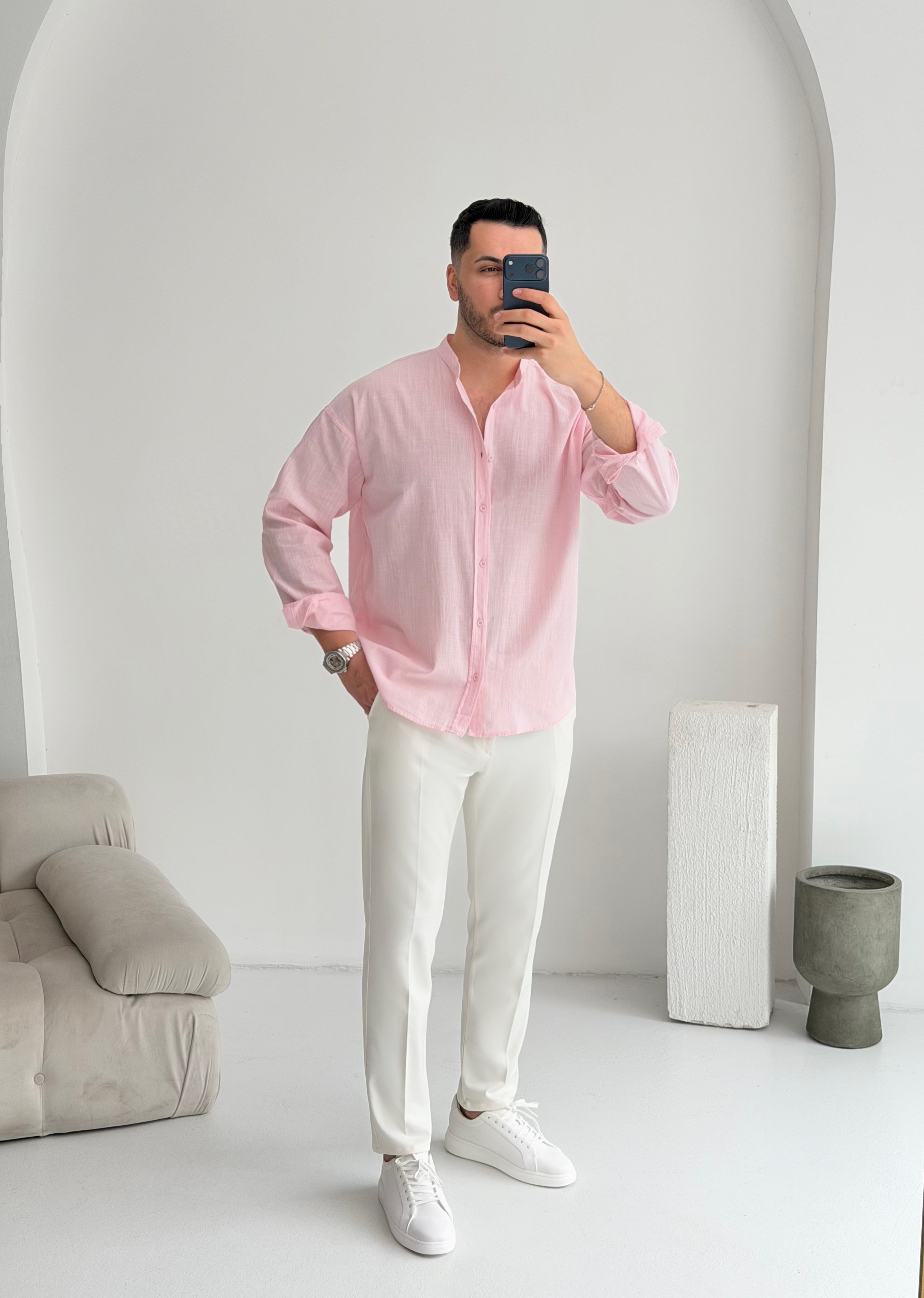 Hakim Yaka Pudra Oversize Keten Gömlek