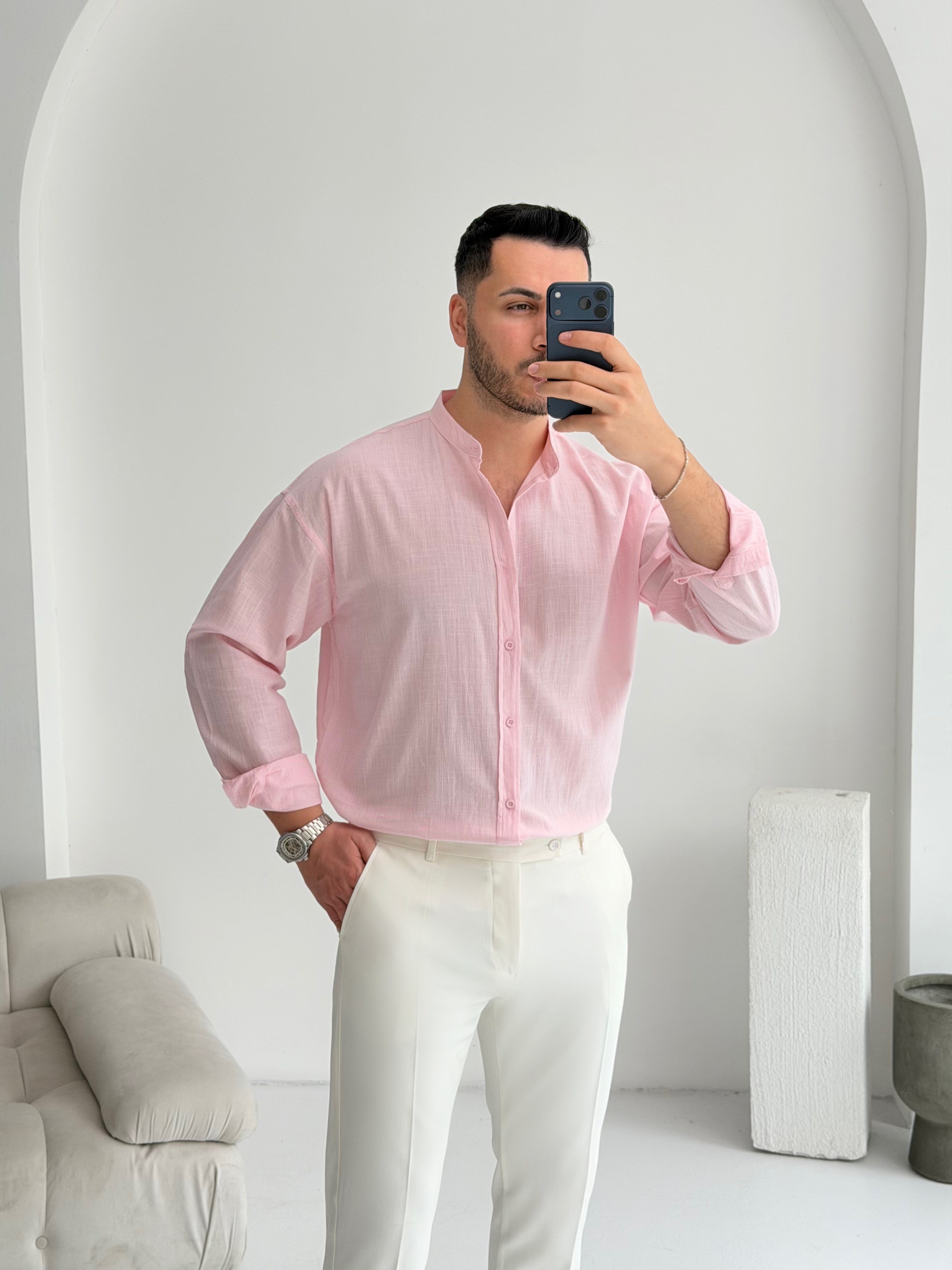 Hakim Yaka Pudra Oversize Keten Gömlek