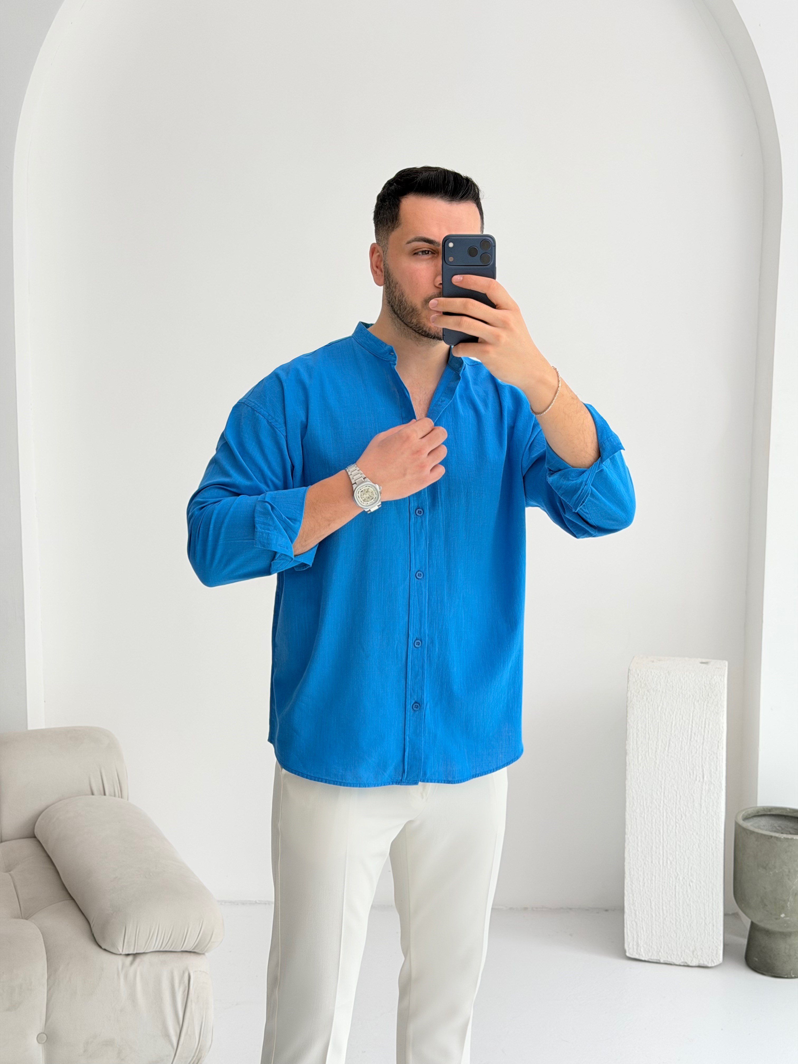 Hakim Yaka Saks Oversize Keten Gömlek