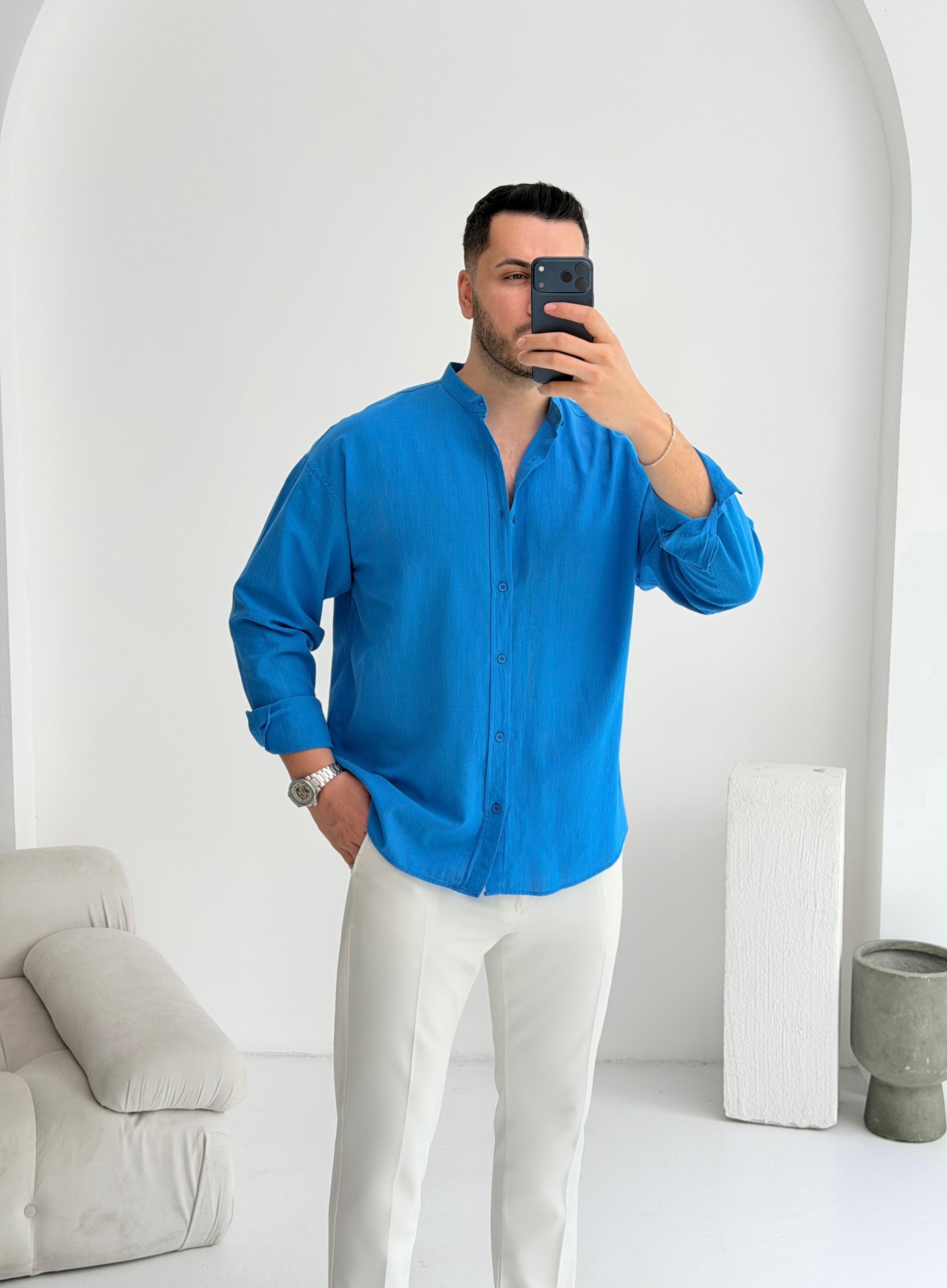Hakim Yaka Saks Oversize Keten Gömlek