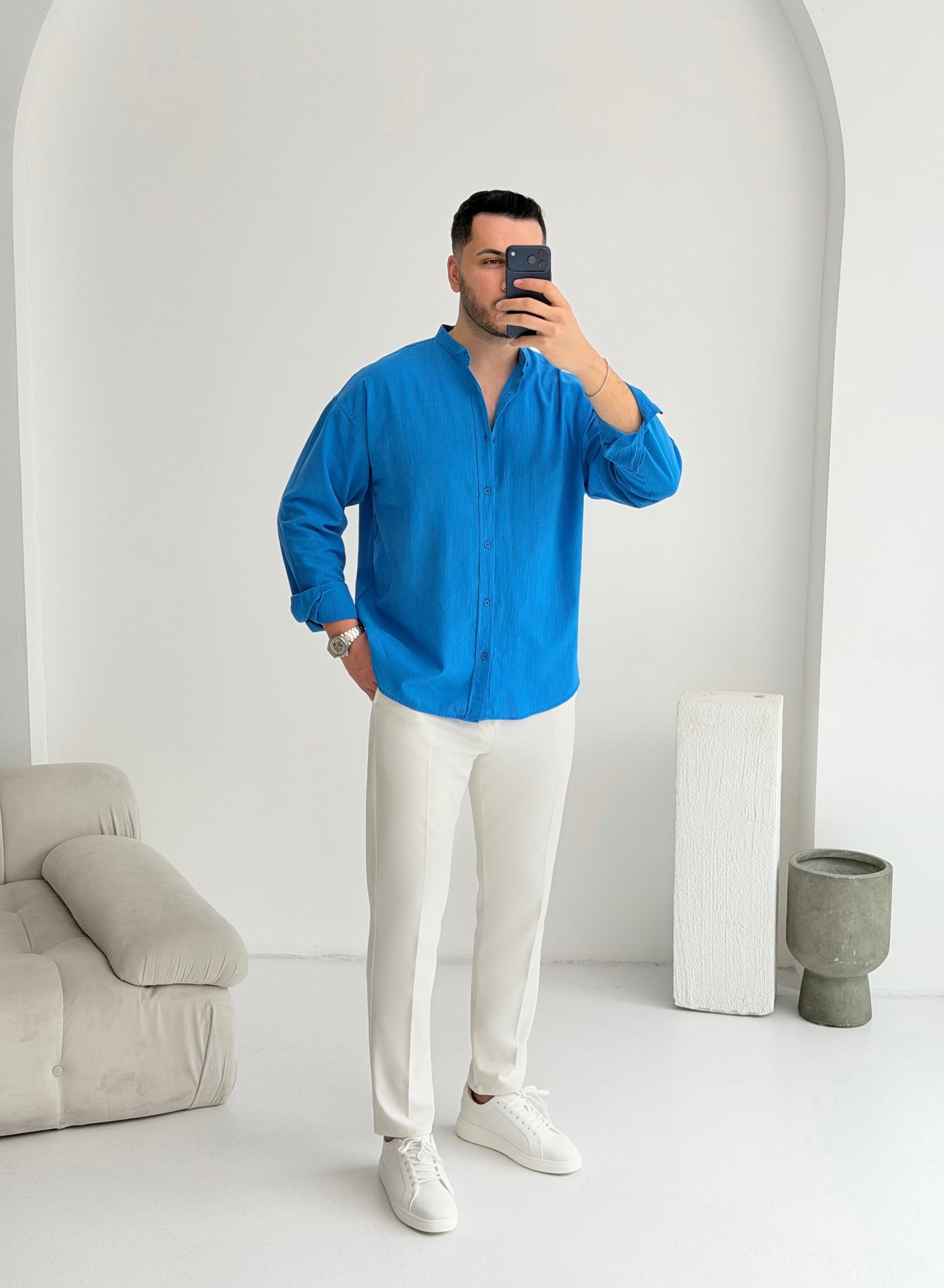 Hakim Yaka Saks Oversize Keten Gömlek