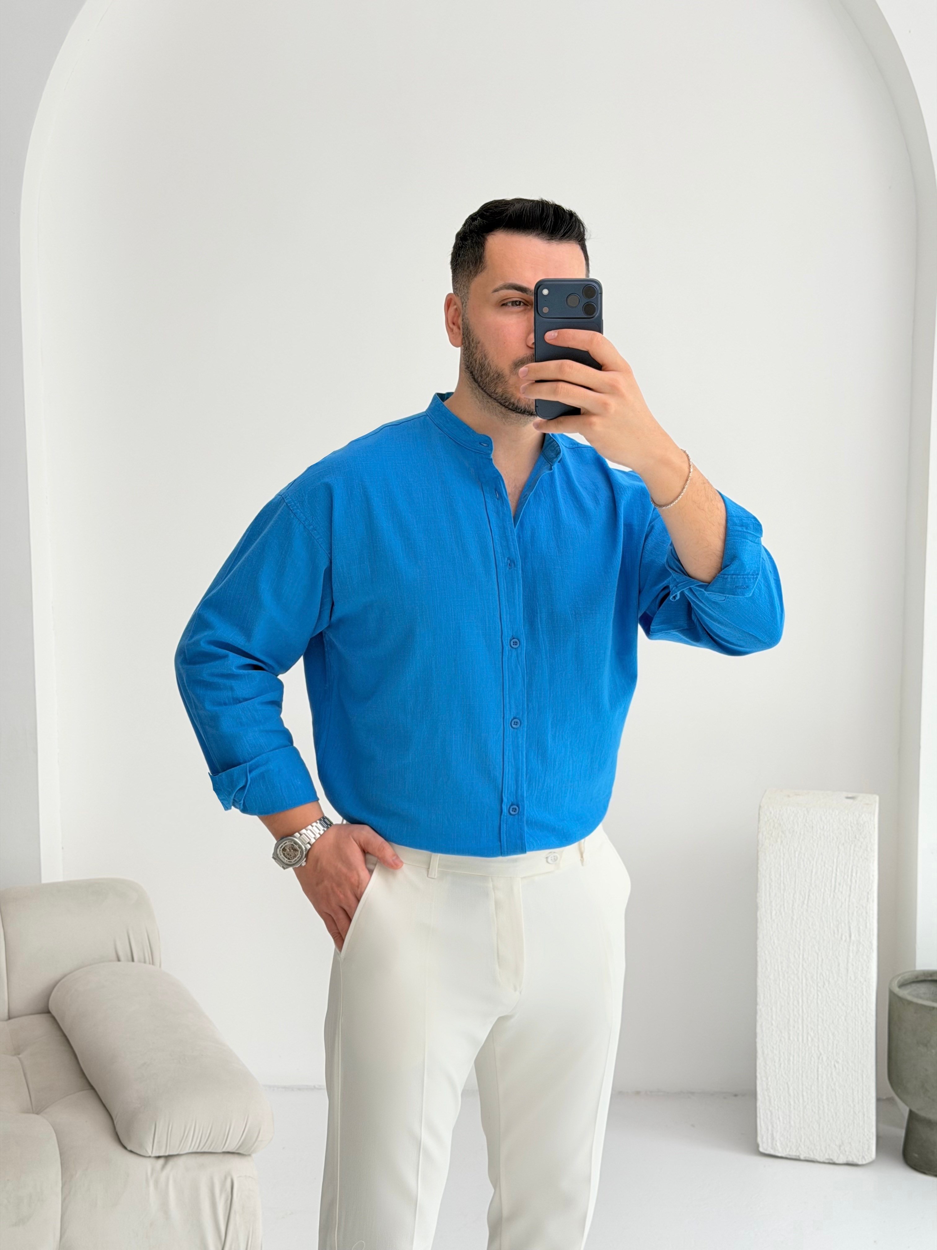 Hakim Yaka Saks Oversize Keten Gömlek