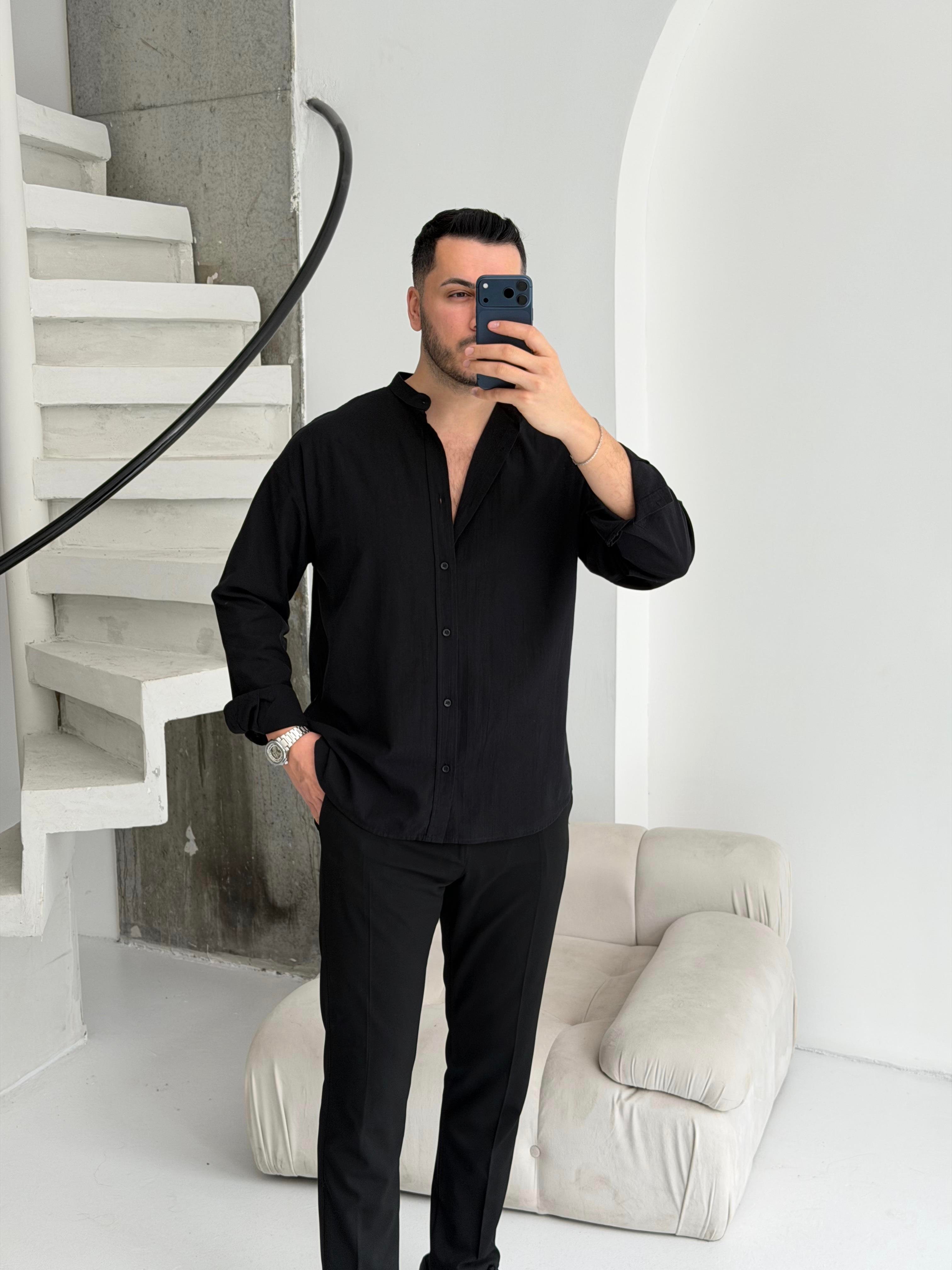Hakim Yaka Siyah Oversize Gömlek 