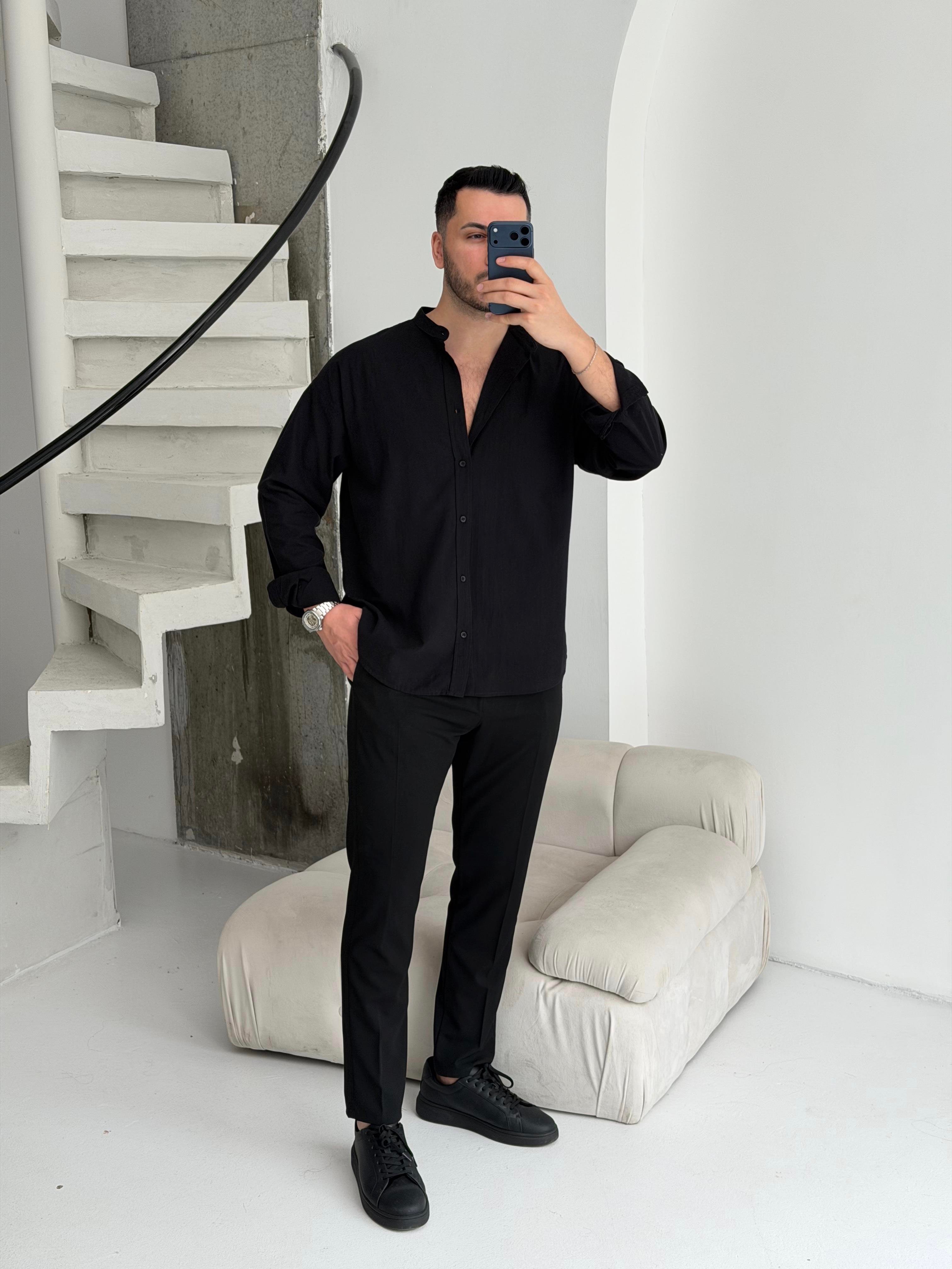 Hakim Yaka Siyah Oversize Gömlek 
