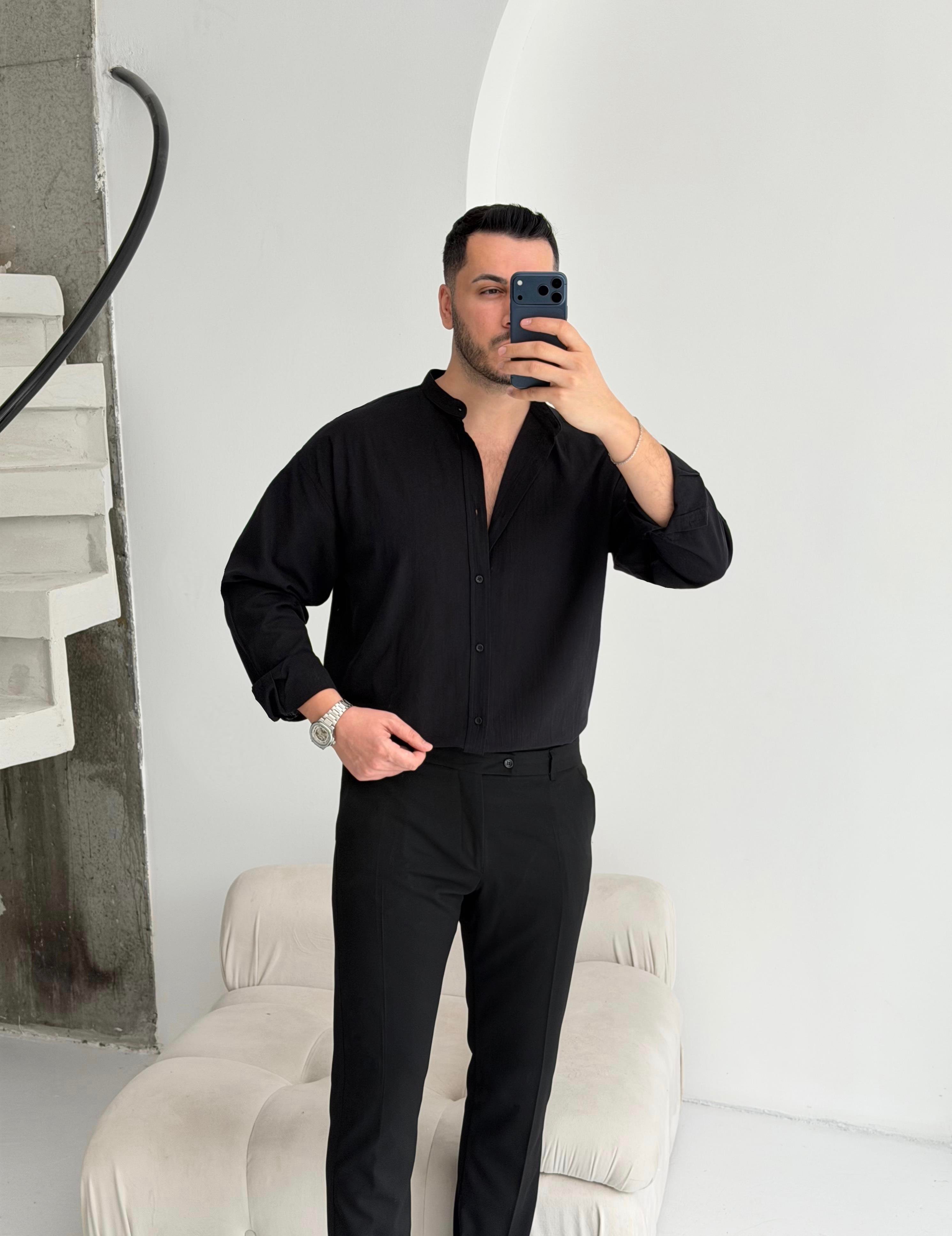 Hakim Yaka Siyah Oversize Gömlek 