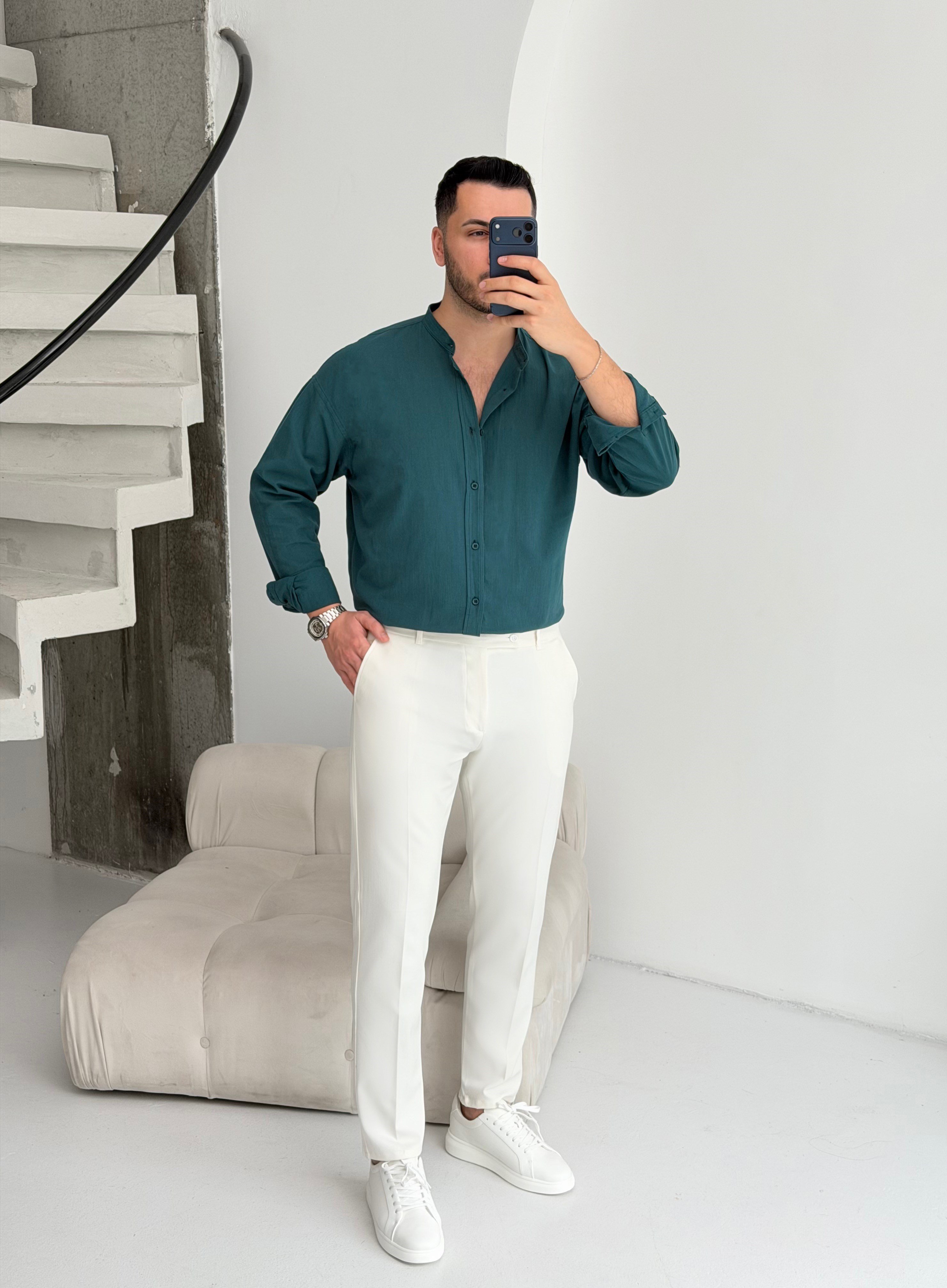 Hakim Yaka  Zümrüt Oversize Keten Gömlek